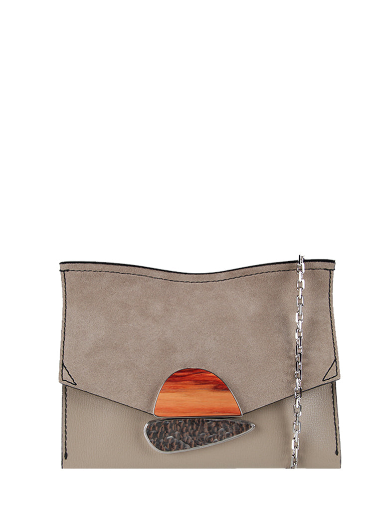 PS Small Curl Chain Clutch Bag in Grain/Suede - Taupe Color | Elegant Evening Clutch for Parties, Weddings & Special Occasions