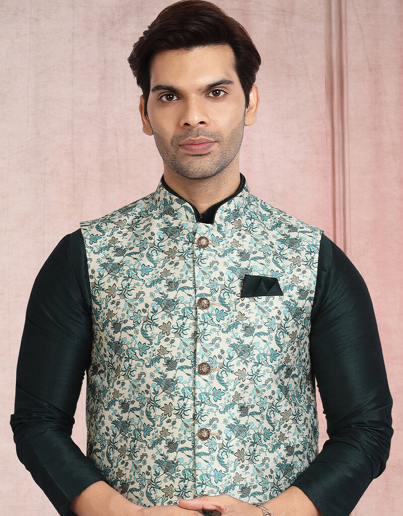 Bottle Green 3 Piece Banarasi Silk Jacket Set with Churidar - Elegant Indian Ethnic Wear for Weddings & Festivals