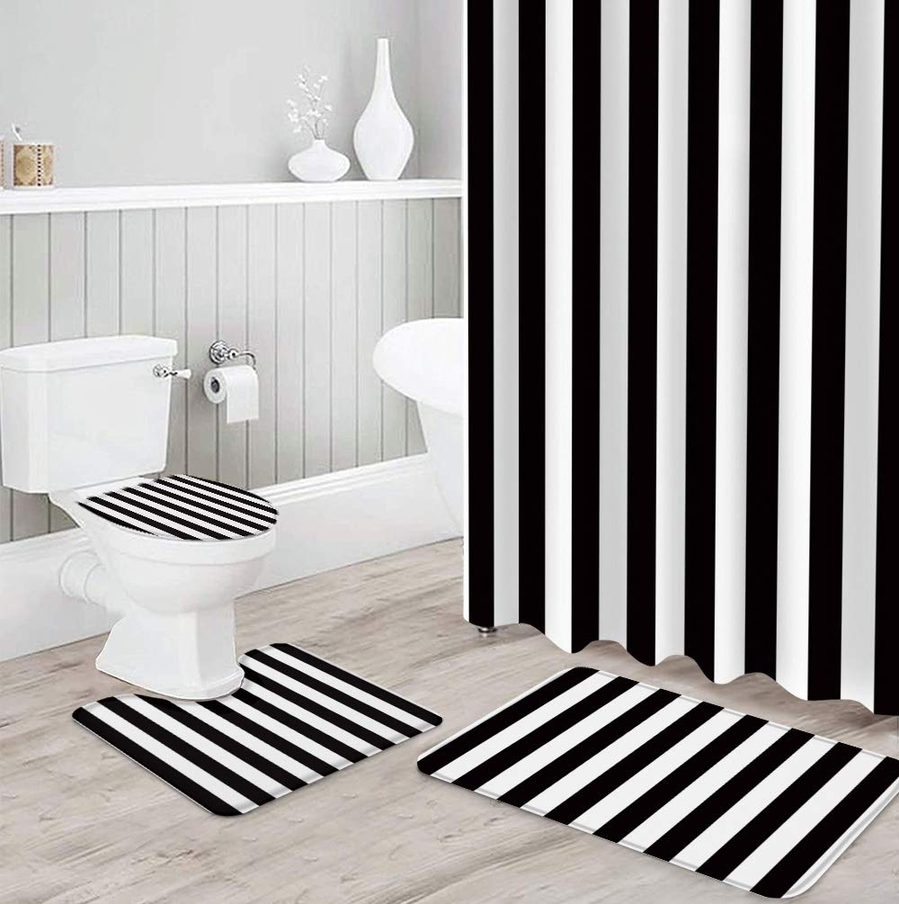 4 Piece Black and White Stripe Shower Curtain Set - Waterproof Bath Curtain with Non-Slip Rug, Toilet Lid Cover, Bath Mat & 12 Hooks | Modern Bathroom Decor for Home, Apartment, Dorm