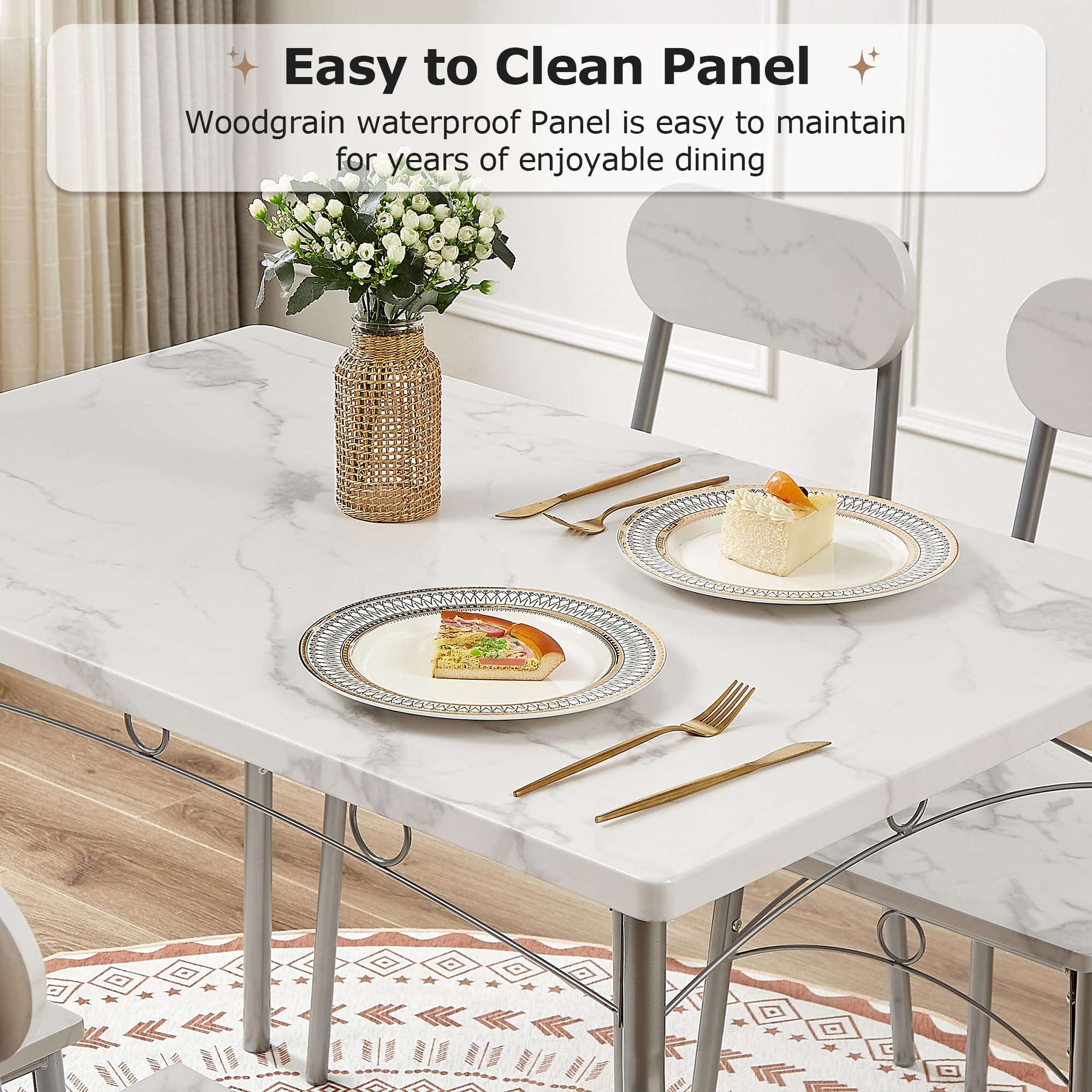 VECELO 5-Piece White Kitchen Dining Table Set for 4 with Wooden Chairs, Rectangular Dinette for Small Spaces & Apartments - Perfect for Breakfast Nook, Kitchenette & Compact Dining Areas