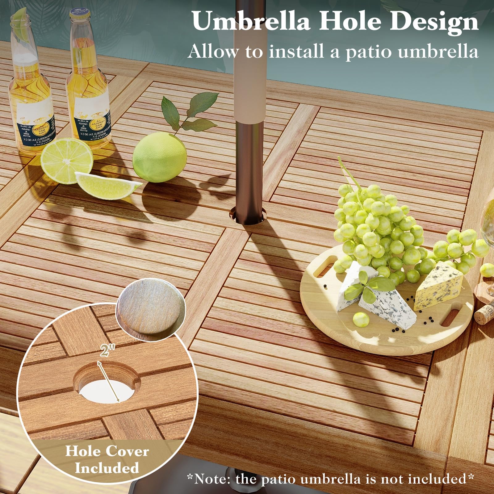 Tangkula 86.5-Inch Outdoor Dining Table with Acacia Wood Tabletop & Metal Legs - Rectangular Patio Table with Umbrella Hole for Garden, Deck, Backyard - Seats 8 People (86.5