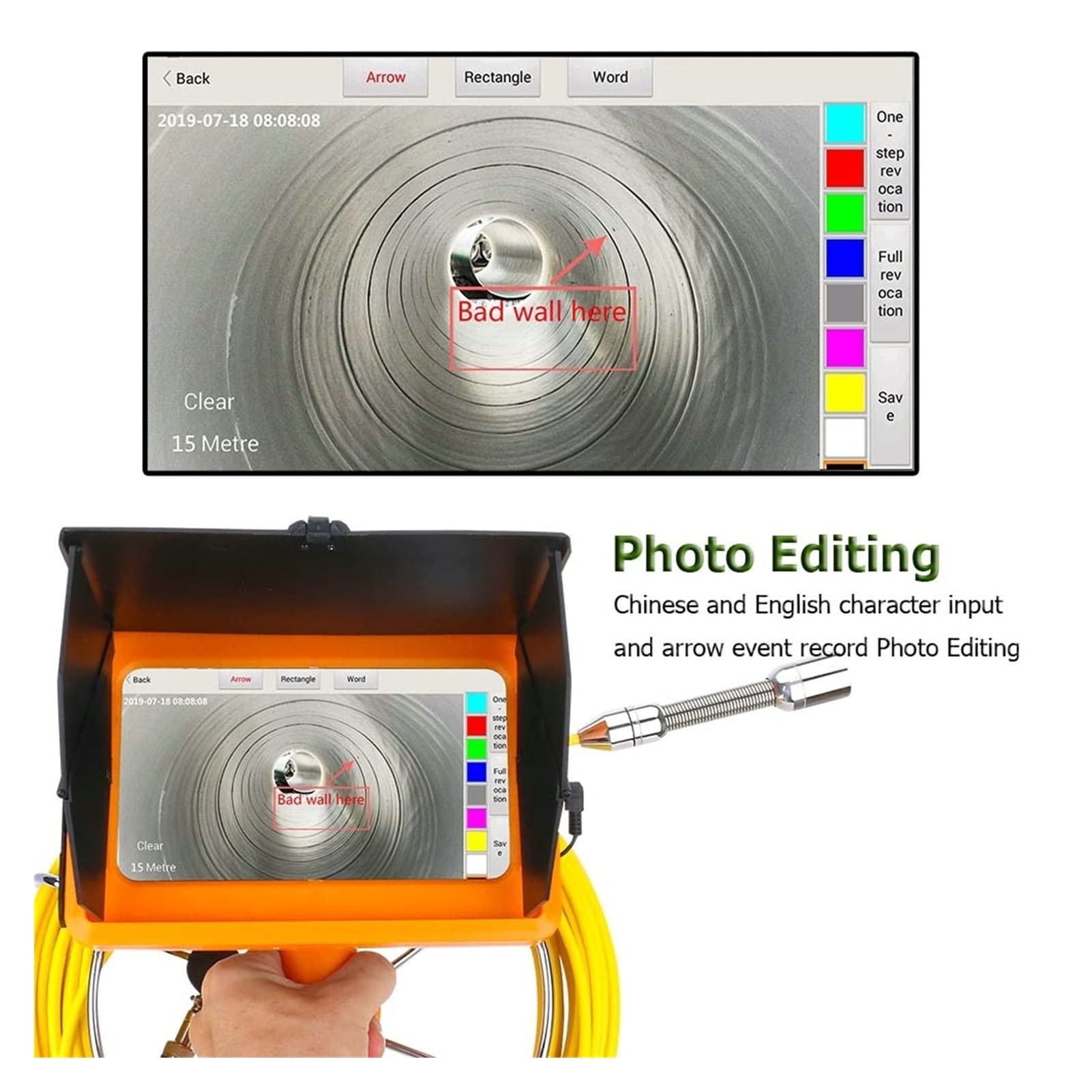 HUACHEN-LS 10M Yellow Endoscope Camera for Pipe & Sewer Inspection with DVR
