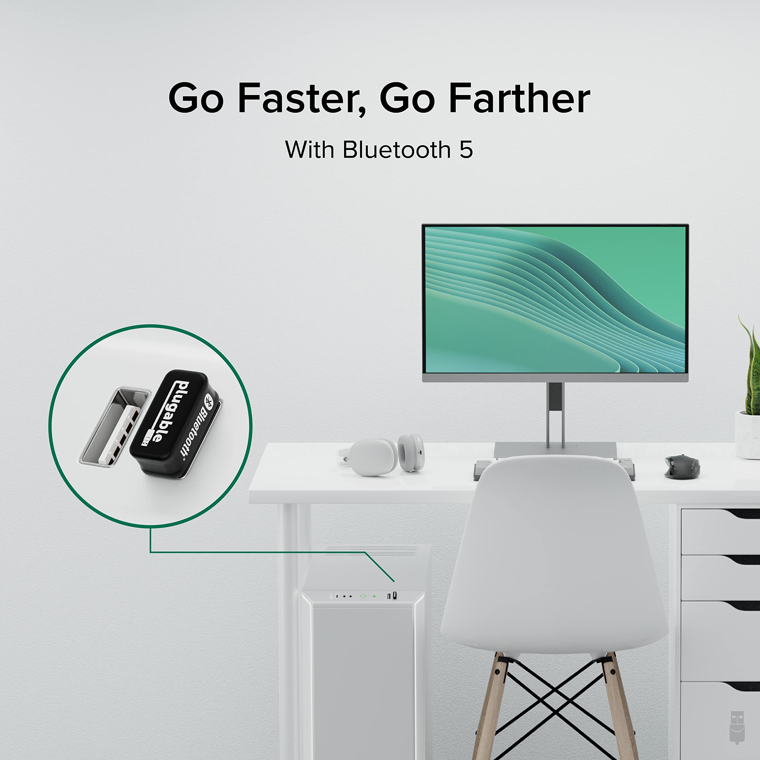 Plugable USB Bluetooth 5.0 Adapter for PC - Wireless Dongle for Windows 10/11, Supports 7 Devices: Headphones, Speakers, Keyboard, Mouse, Printer | Perfect for Home Office, Gaming & Streaming