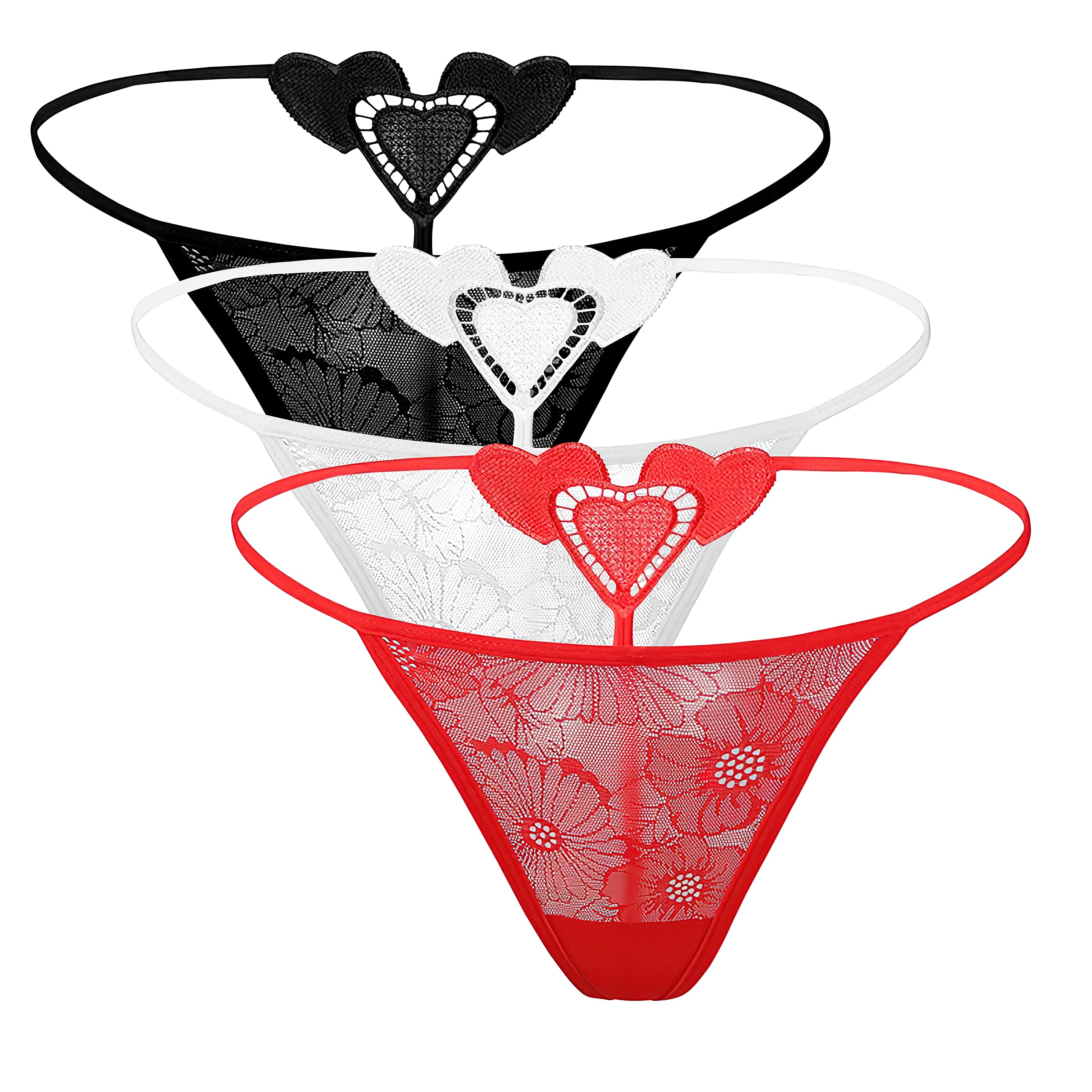 3 Pack Women's Sexy Lace G-String Thong Underwear - Heart Shaped T-Back Panties for Date Night & Special Occasions