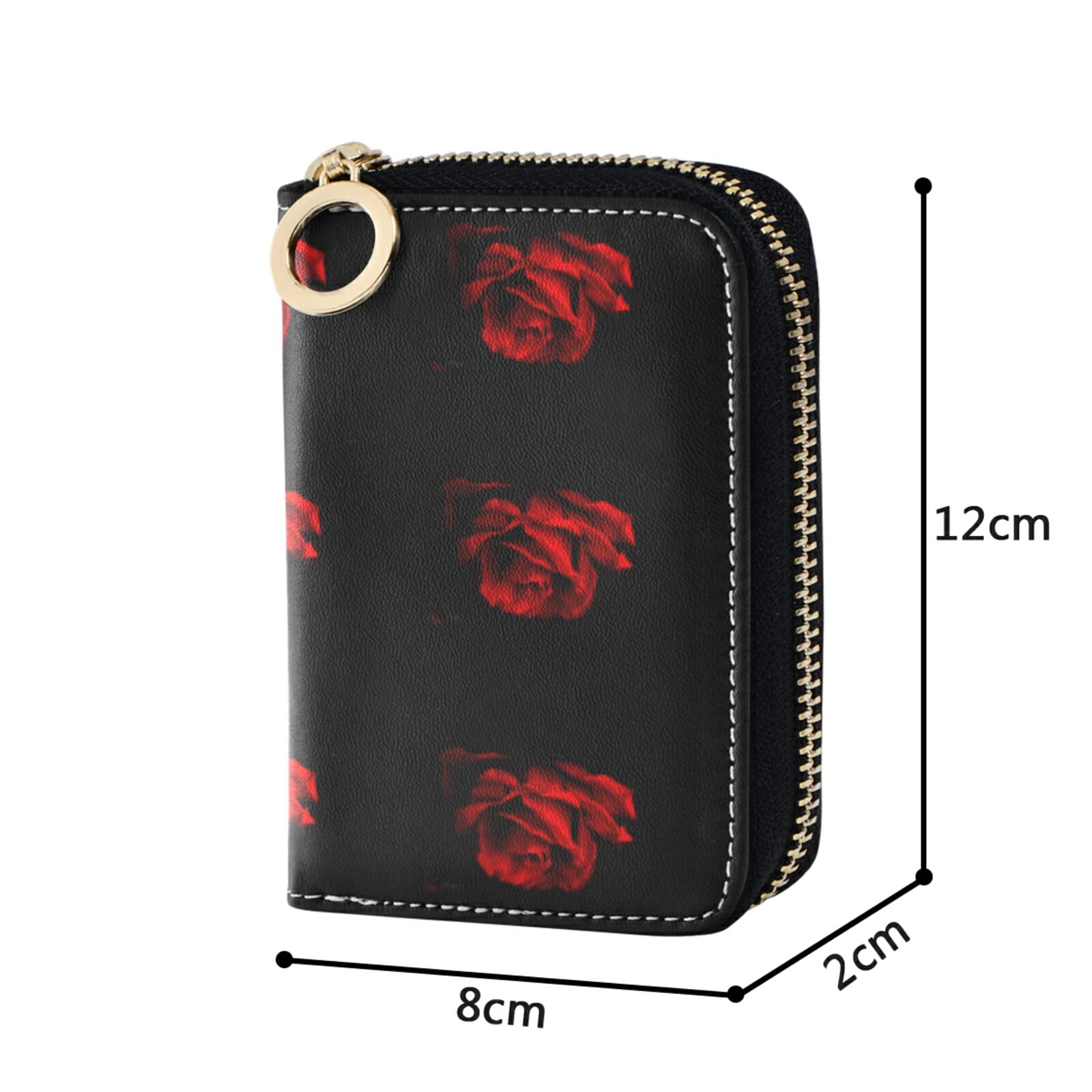 RFID Blocking Leather Card Holder for Women - Compact Grey Credit Card Wallet with Zipper Pouch & Key Organizer (Rose Petal Design on Black Background) - Perfect for Travel, Shopping, and Everyday Essentials