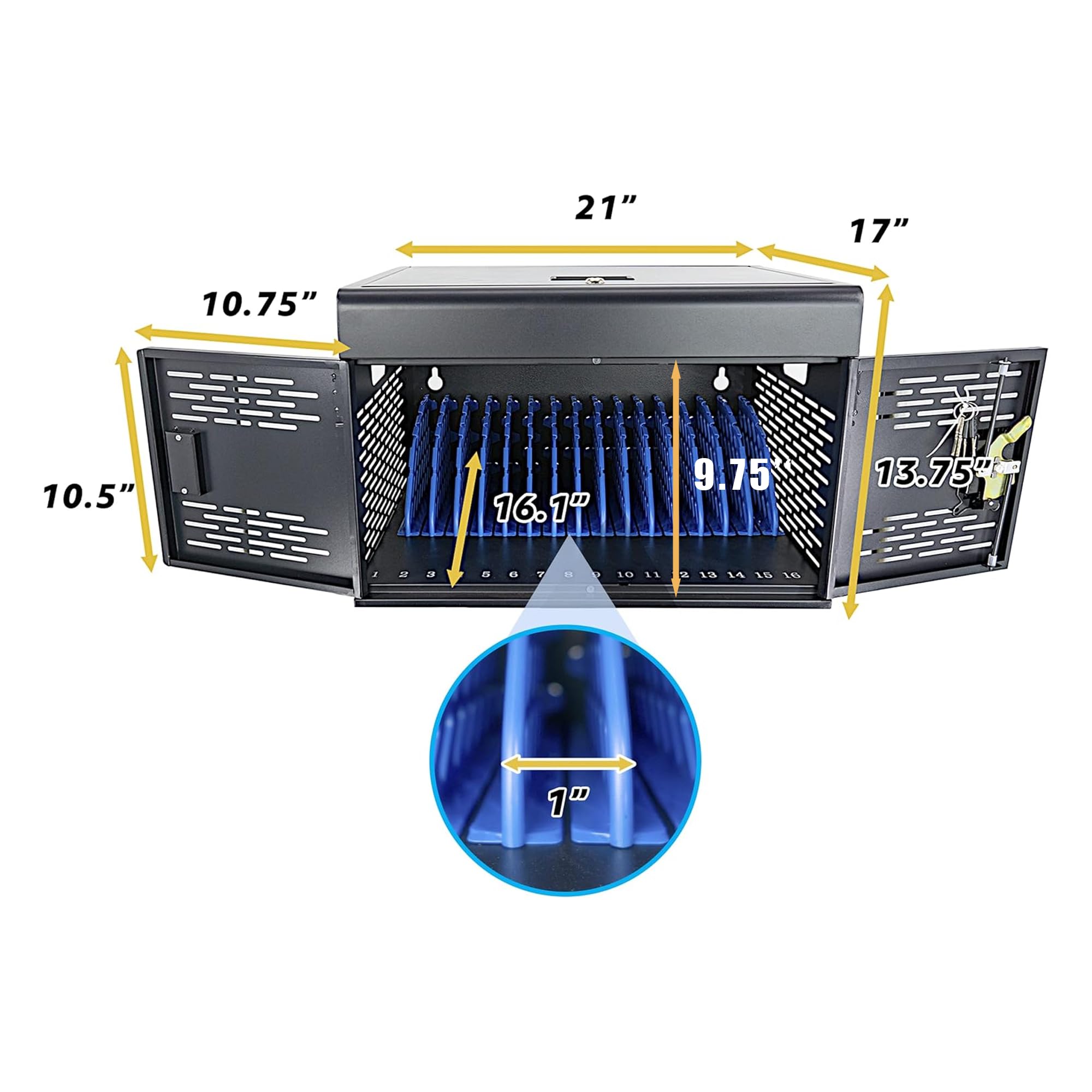 16-Port Locking Charging Cabinet for Laptops & Tablets - Secure Storage with Cable Management, Charger Organization & Ground Protection - Ideal for Classroom, Library, Office & School Tech Stations