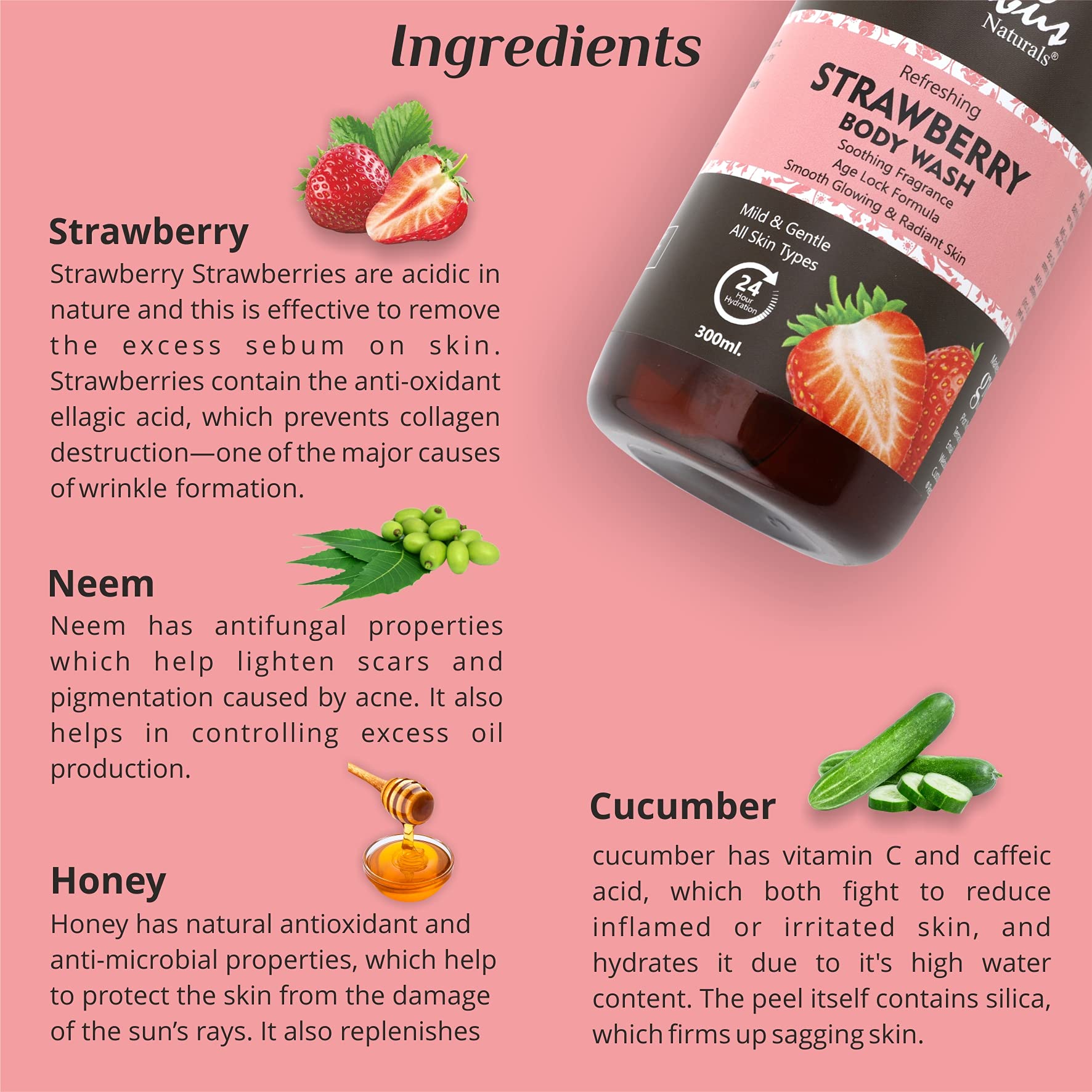 Globus Naturals Refreshing Strawberry Body Wash 300ml - Hydrating & Moisturizing Shower Gel for Soft Skin - Perfect for Daily Use & Spa Days