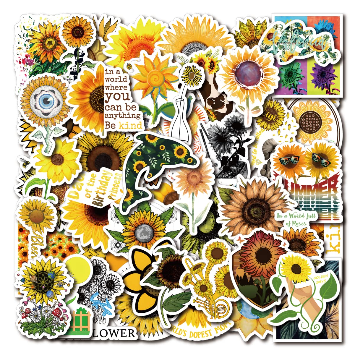 50Pcs Sunflower Stickers for Water Bottles - Motivational Vinyl Stickers for Teens, Students & Teachers - Waterproof Aesthetic Stickers for Hydro Flasks, Laptops, Computers, Skateboards & Scrapbooking - Perfect for DIY Crafts, School Supplies & Personalizing Your Belongings