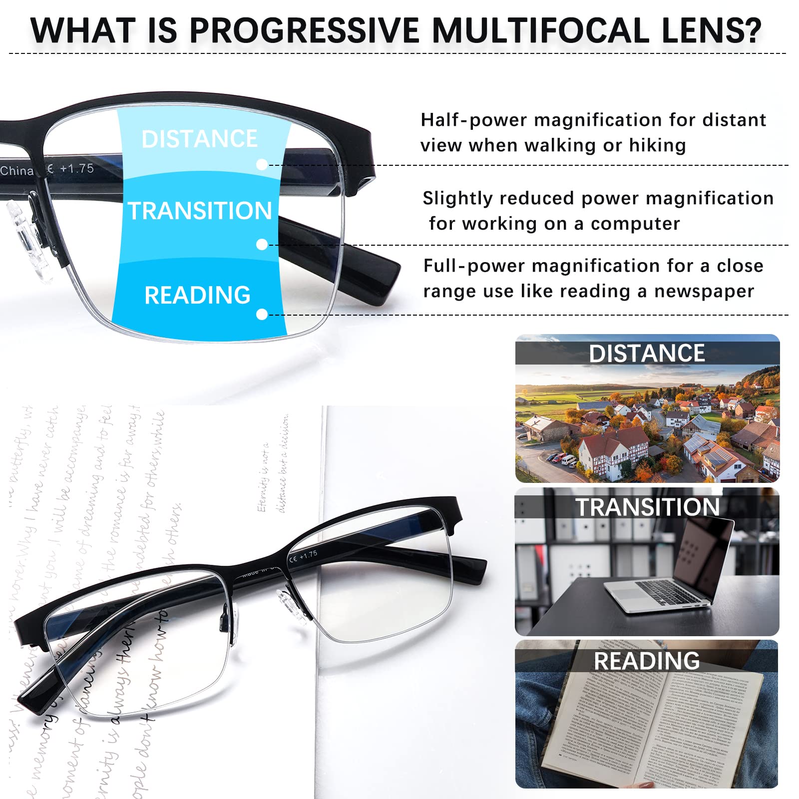 Blue Light Blocking Reading Glasses for Men - Progressive Multifocal Computer Glasses with Spring Hinge & Half Metal Frame - Perfect for Office Work, Screen Use and Daily Reading