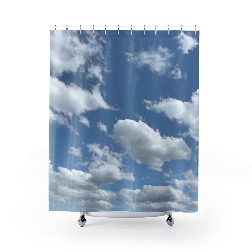Blue and White Clouds Summer Shower Curtain - Waterproof Fabric Bathroom Decor for Beach, Coastal, or Boho Style Homes