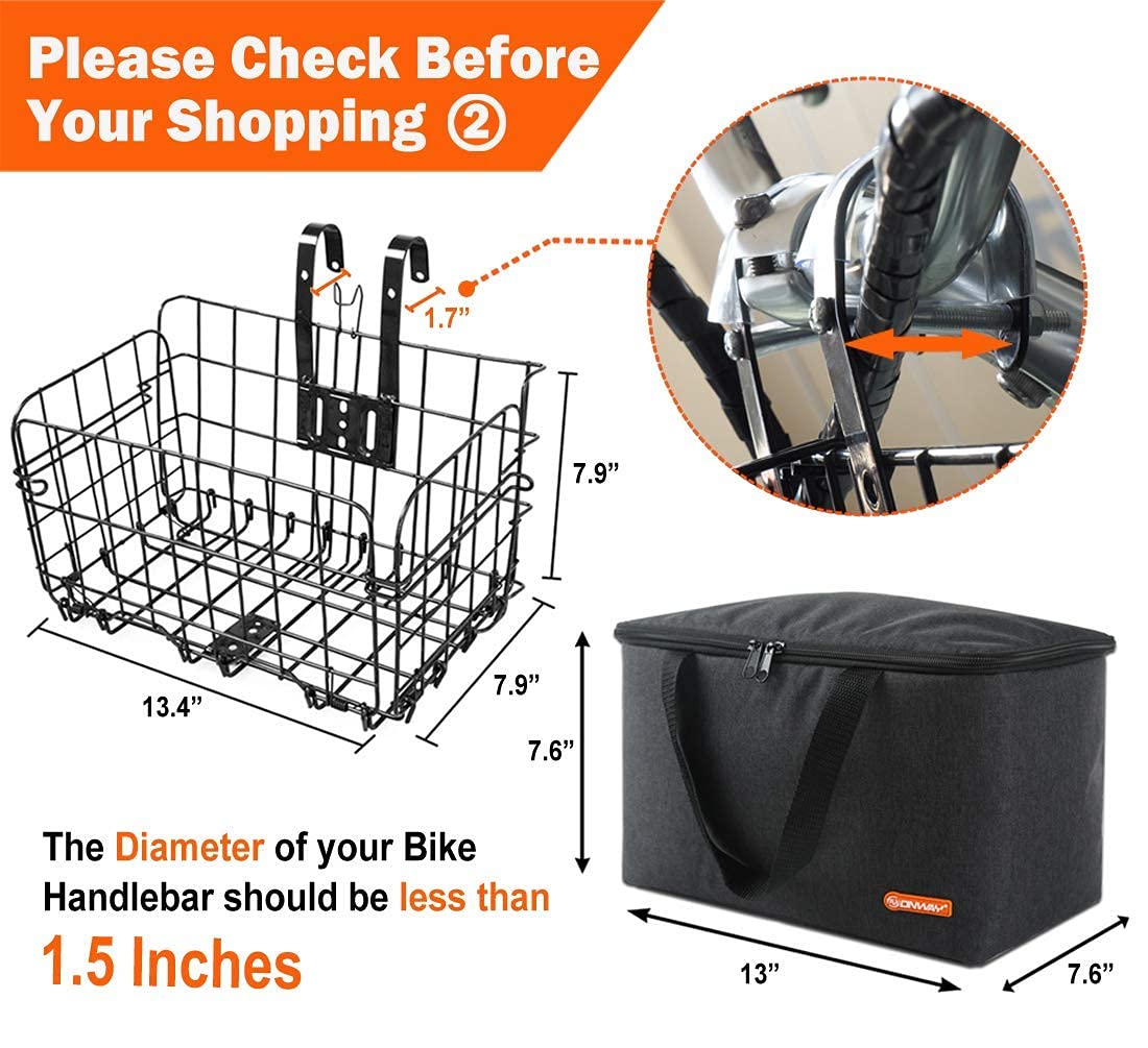 ONWAY Detachable Front Handlebar Bike Basket - Foldable Bicycle Cargo Carrier with Removable Tote Liner Bag (Brown/Black) - Perfect for Commuting, Grocery Shopping & Outdoor Adventures