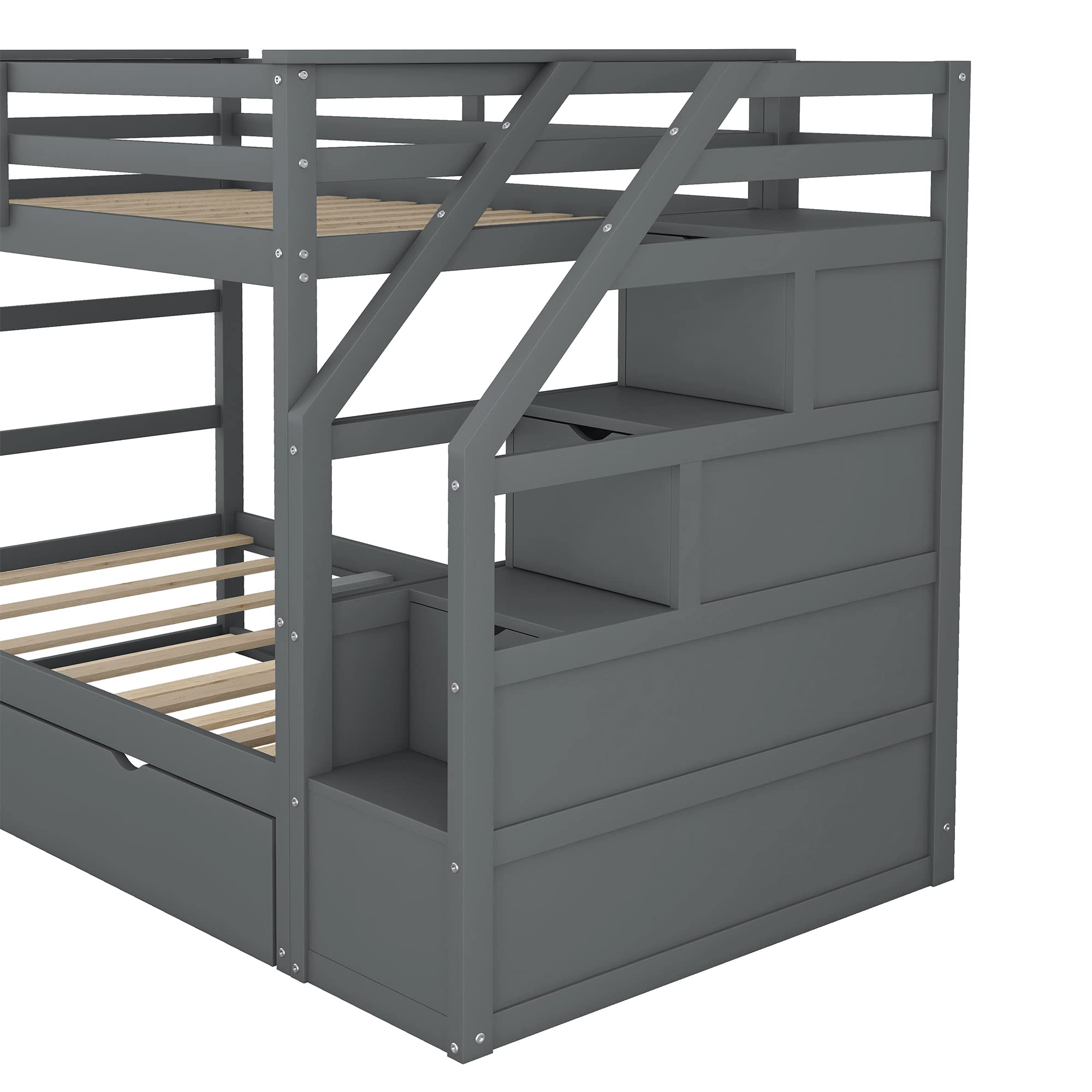 Harper & Bright Designs Twin Over Twin Bunk Bed with Trundle and Stairs - Solid Wood Bunk Bed for Kids, Teens & Adults - High Safety Guardrail - Space Saving Grey Bunk Bed for Small Rooms, Guest Rooms & Vacation Homes