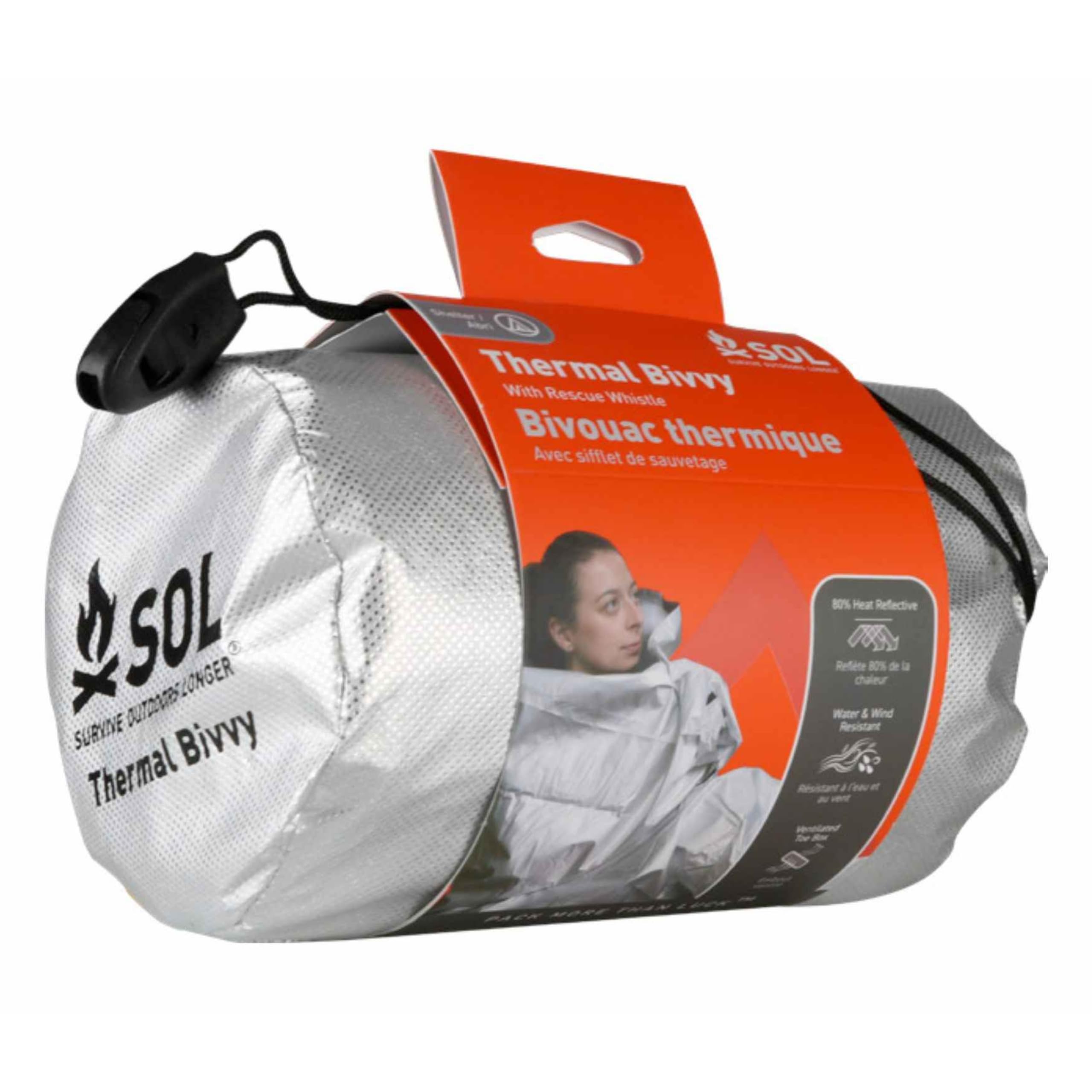 SOL Thermal Bivvy with Rescue Whistle - 80% Body Heat Reflective Waterproof Emergency Survival Blanket - Perfect for Camping, Hiking & Outdoor Adventures - Silver