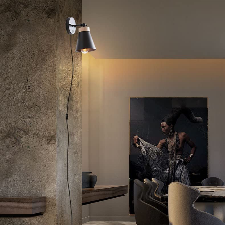 Kiven UL Listed Plug-in Wall Lamp with Motion Sensor - Adjustable Round Bucket Loft Style Wall Sconce for Bathroom, Dining Room, Cafe & Hallway Lighting - Bulb Not Included (Black)