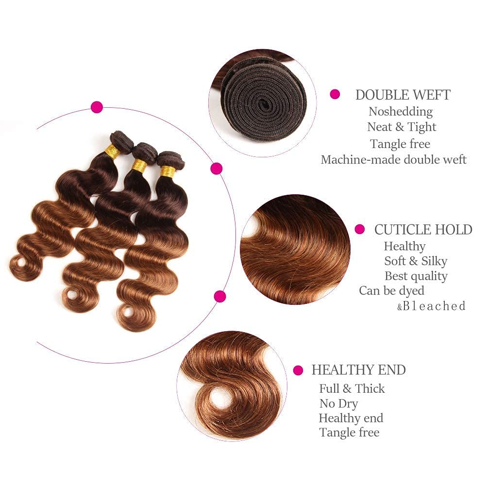 100% Unprocessed Brazilian Body Wave Human Hair Bundles - 3-Pack T4/30 Medium Brown/Medium Auburn Ombre (24