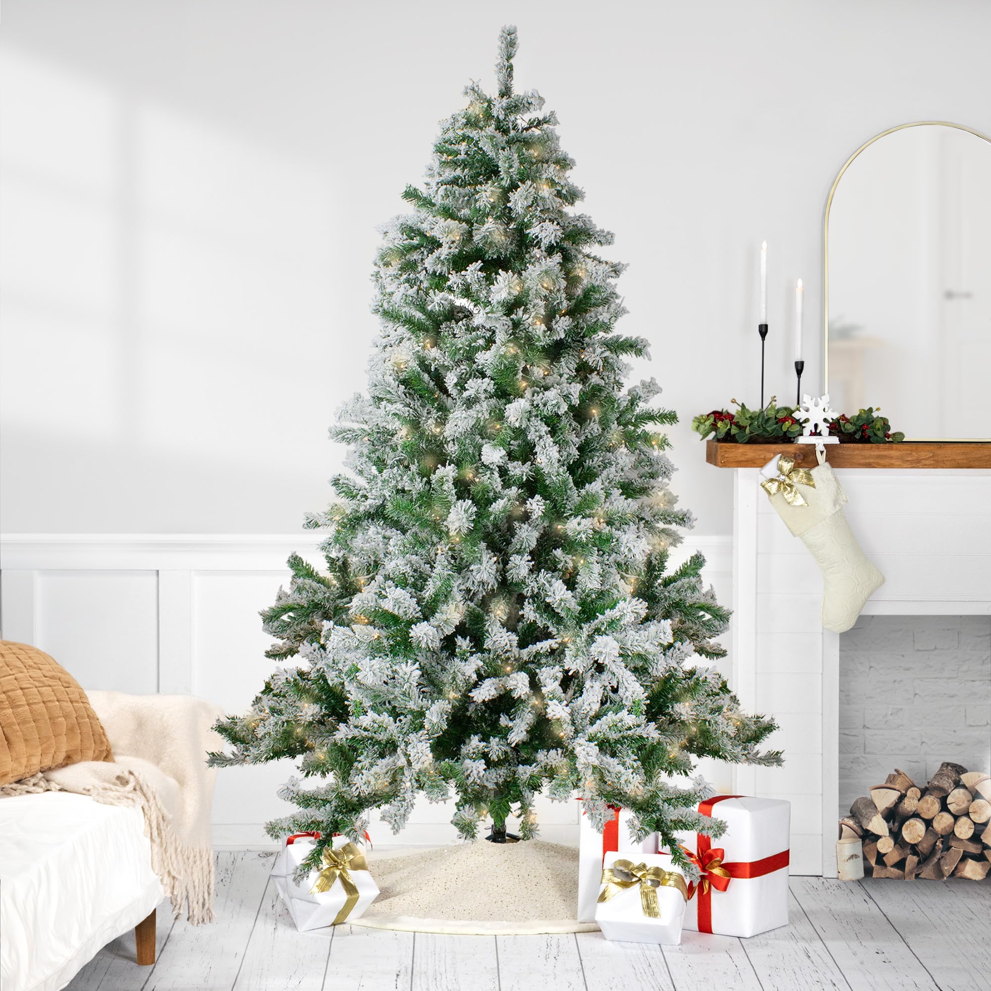 Northlight 7.5' Pre-Lit Flocked Artificial Christmas Tree with Warm White LED Lights | Winter Park Fir Design for Holiday Decor | Perfect for Living Room, Office & Festive Home Decorations