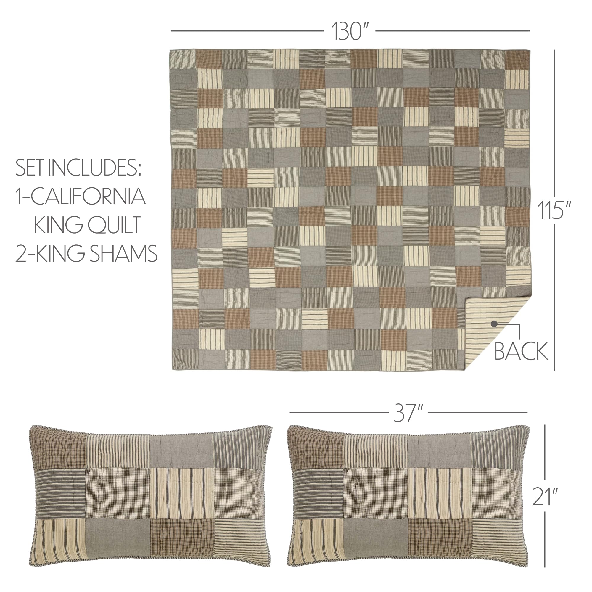 VHC Brands Sawyer Mill Charcoal Patchwork Farmhouse Reversible 3-Piece Quilt Set - California King Quilt & 2 King Pillow Shams | Cozy Farmhouse Bedroom Decor for Master Bedroom, Guest Room & Vacation Homes