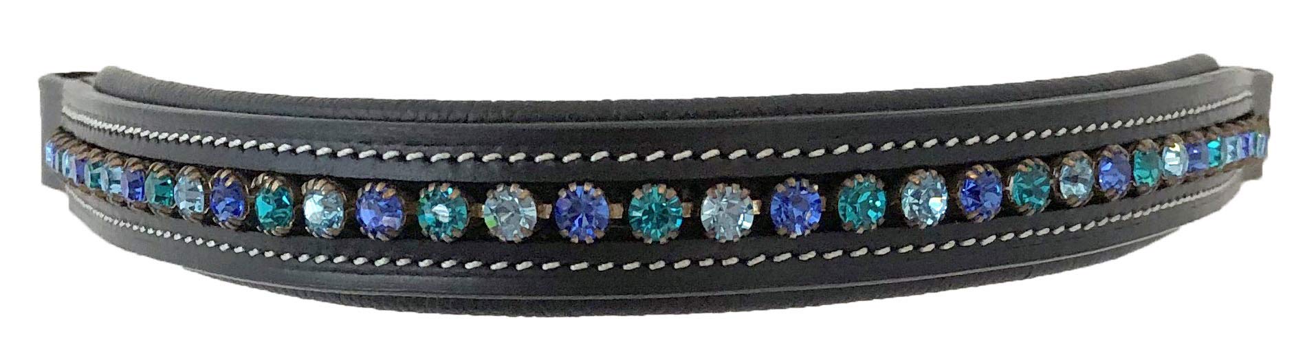 English Bridle Leather Padded Browband with Blue Crystals - Horse Riding Show Accessory