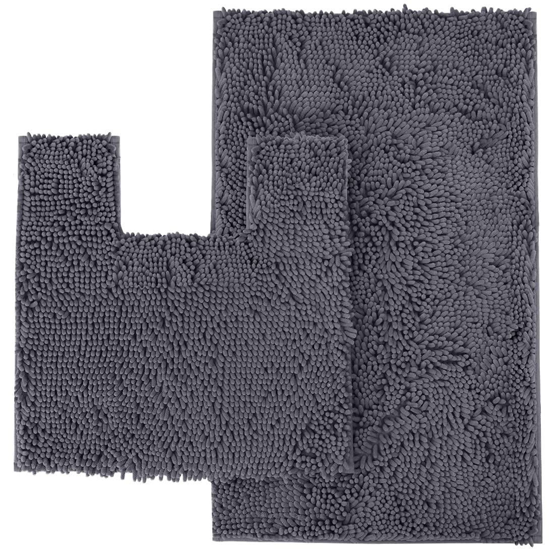 LuxUrux Chenille Bathroom Rug Set - 2-Piece Soft Plush Bath Mat & Toilet Mat, 1'' Shaggy Microfiber Super Absorbent Machine Washable - Dark Gray Square & Curved Set for Bathroom, Shower & Vanity Area