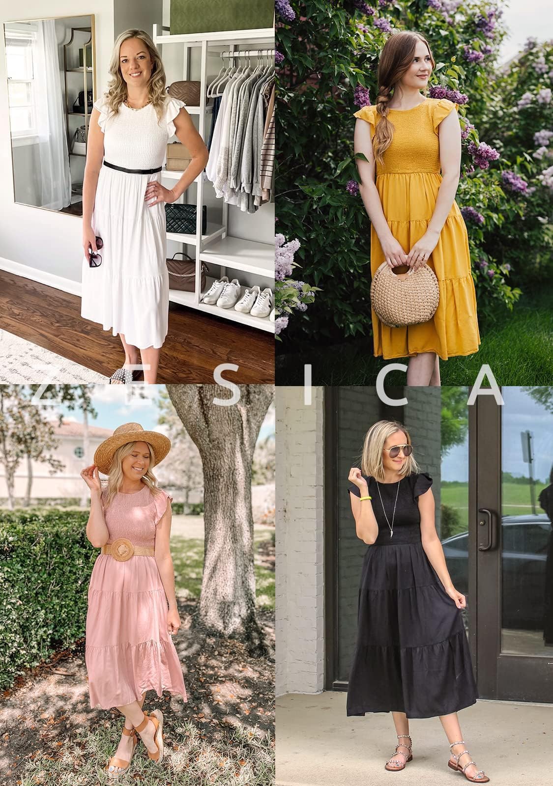 ZESICA Women's 2025 Summer Flutter Sleeve Smocked Waist Tiered Midi Dress - Casual Crew Neck Elastic Dress for Beach, Vacation & Outdoor Parties