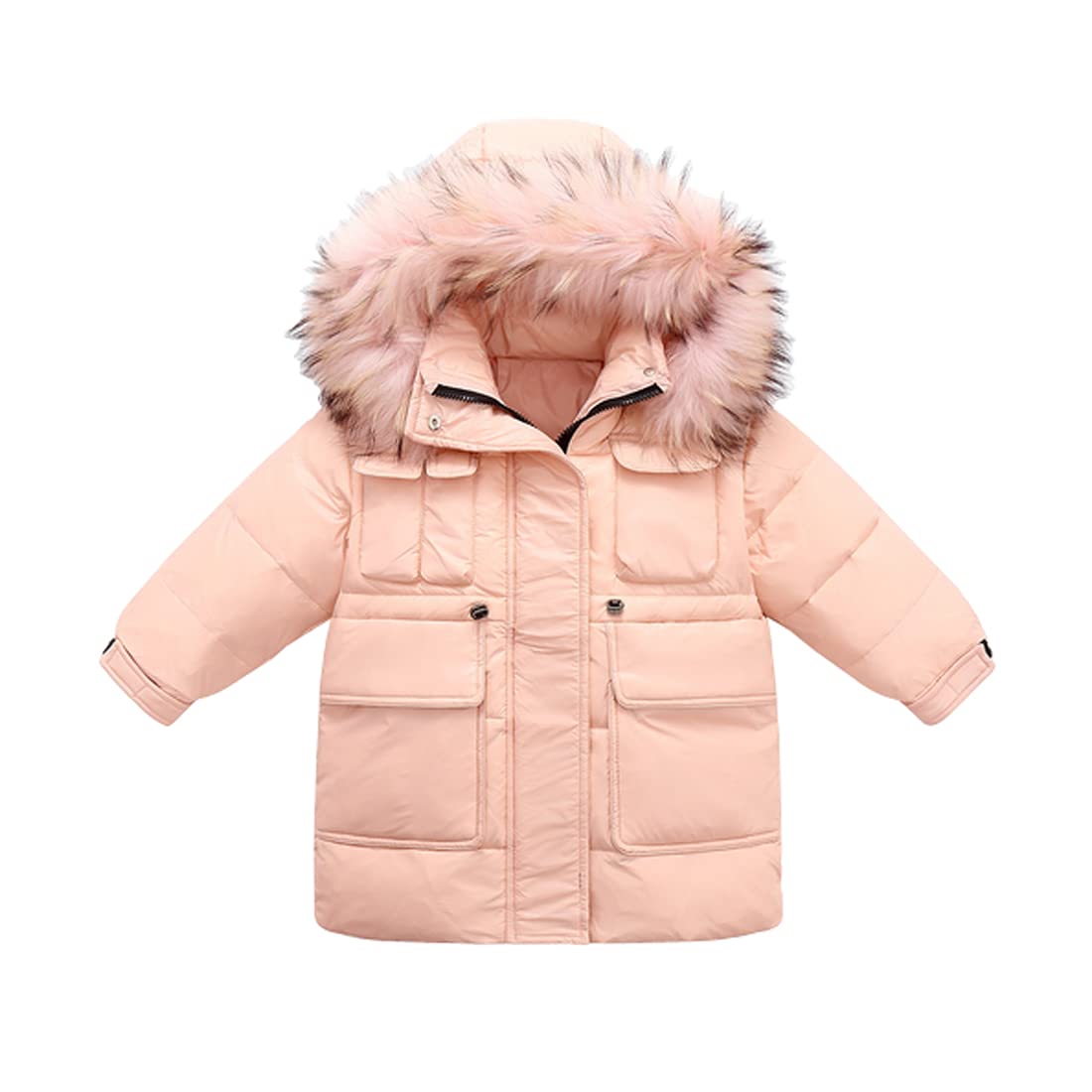 DINGDONG'S CLOSET Girls Winter Jacket with Hood, Fur Trim & Pockets - Warm Down Parka Coat for Kids - Perfect for Snow Play, School & Outdoor Activities