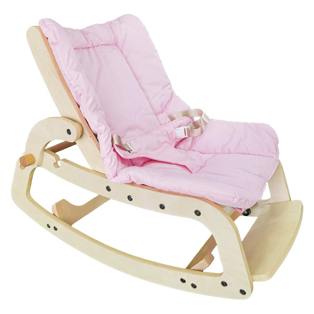 **3-in-1 Adjustable Baby Rocker Chair for Infants & Toddlers - Convertible Bouncer Seat with Removable Cushion & Safety Belt - Wooden Rocking Chair for Boys & Girls (Pink) - Perfect Nursery Gift & Playtime Relaxation**