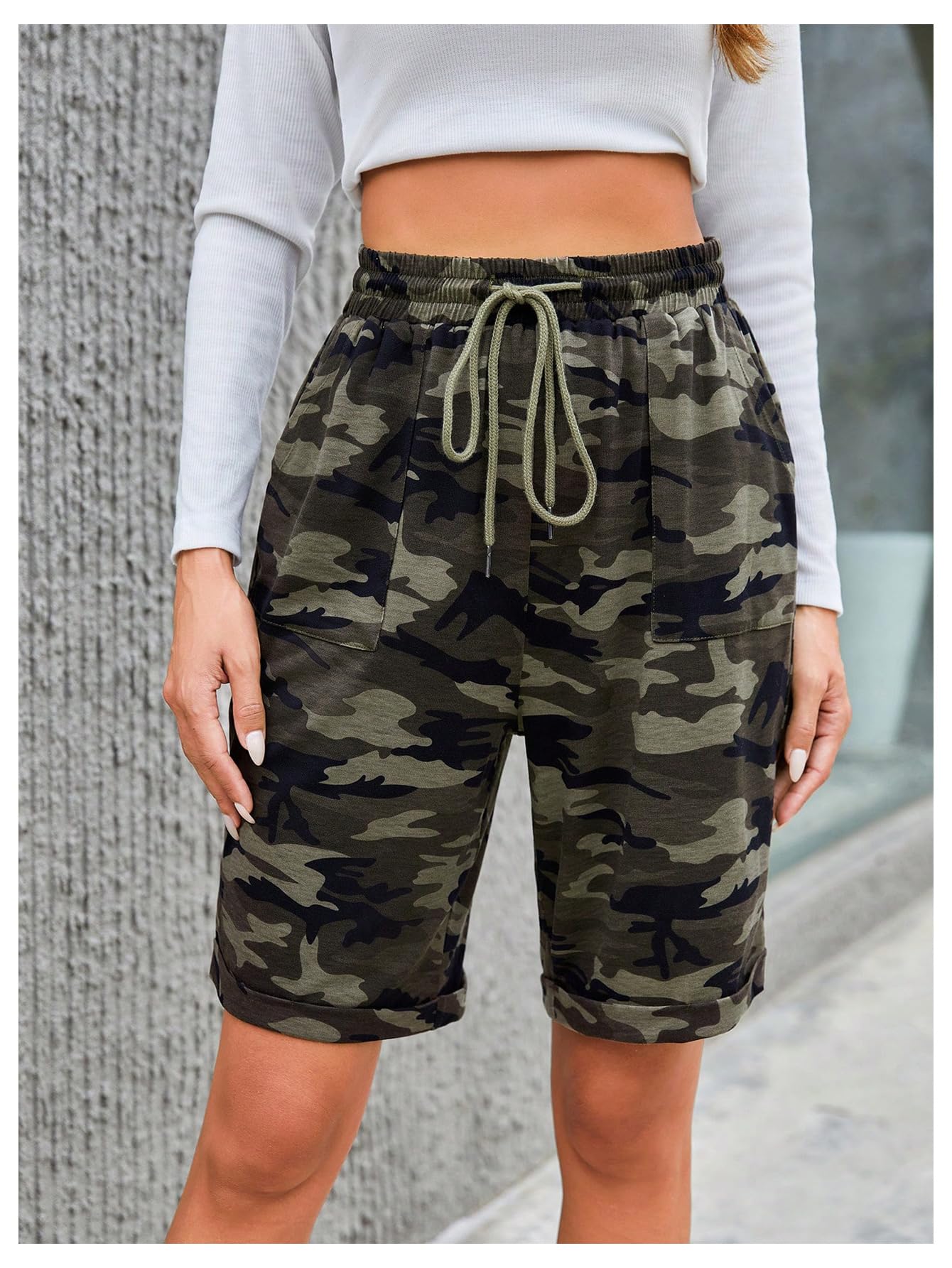 MakeMeChic Women's Camo Print Summer Shorts - Elastic Waist Drawstring Casual Bermuda Shorts with Pockets | Perfect for Beach, Travel & Outdoor Activities
