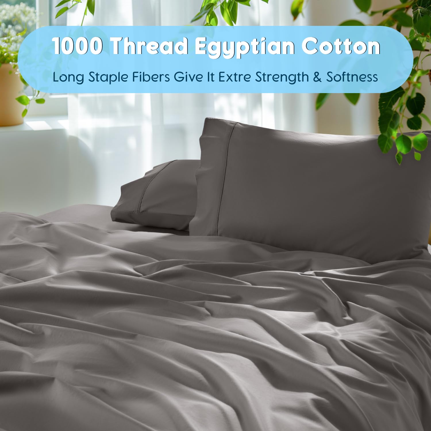 SONORO KATE 100% Egyptian Cotton Sheets Set - 1000 Thread Count Luxury Sateen Bedding, Ultra Soft & Breathable Long Staple Sheets, 4-Piece Full Size Set (Dark Grey) - Perfect for Hotels, Guest Rooms & Premium Home Bedding