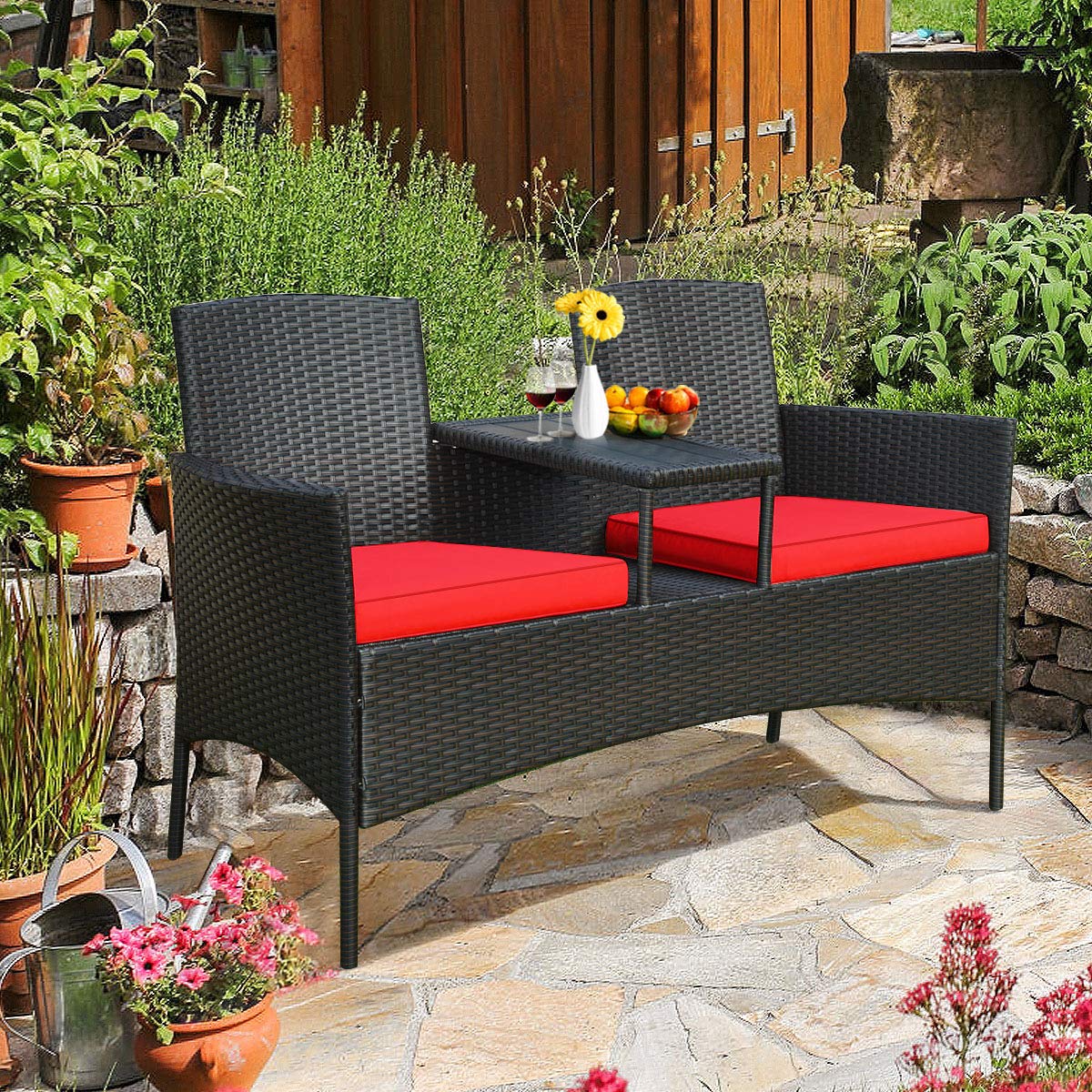 Outdoor Rattan Wicker Loveseat Patio Set with Removable Cushions & Coffee Table - Garden Lawn Backyard Conversation Furniture for Relaxing & Entertaining