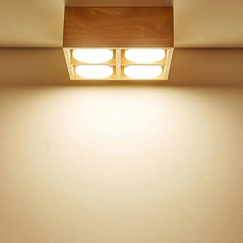Square Double Lights Wooden Flush Ceiling Lights - Modern Farmhouse Lighting for Bedroom, Living Room, Kitchen & Dining Room - Warm White LED Fixture