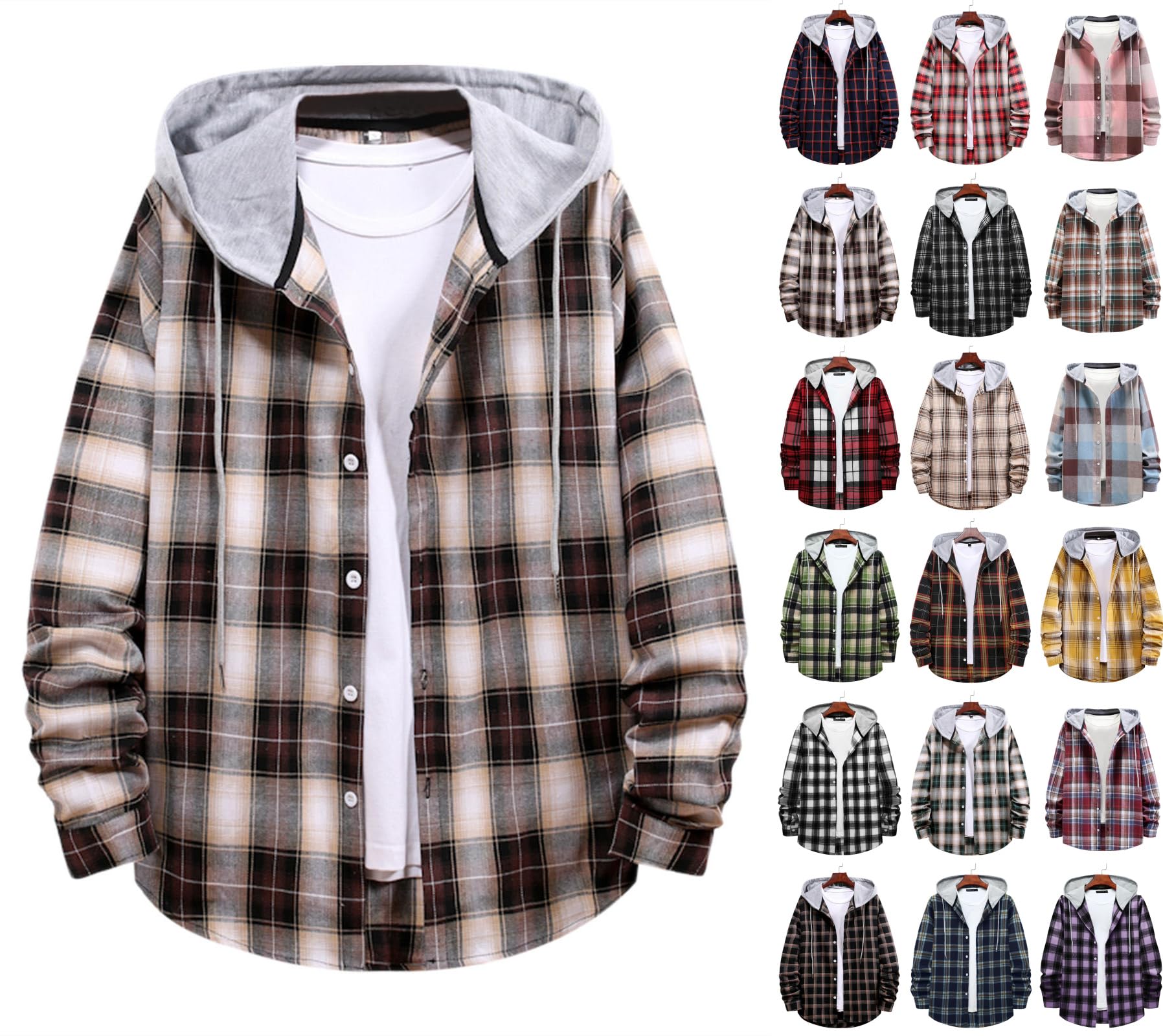 Men's Flannel Shirt with Hood - Long Sleeve Plaid Button-Up Shackets Jacket | Regular Fit Brushed Cotton Casual Shirt for Outdoor Activities, Camping & Fall Fashion