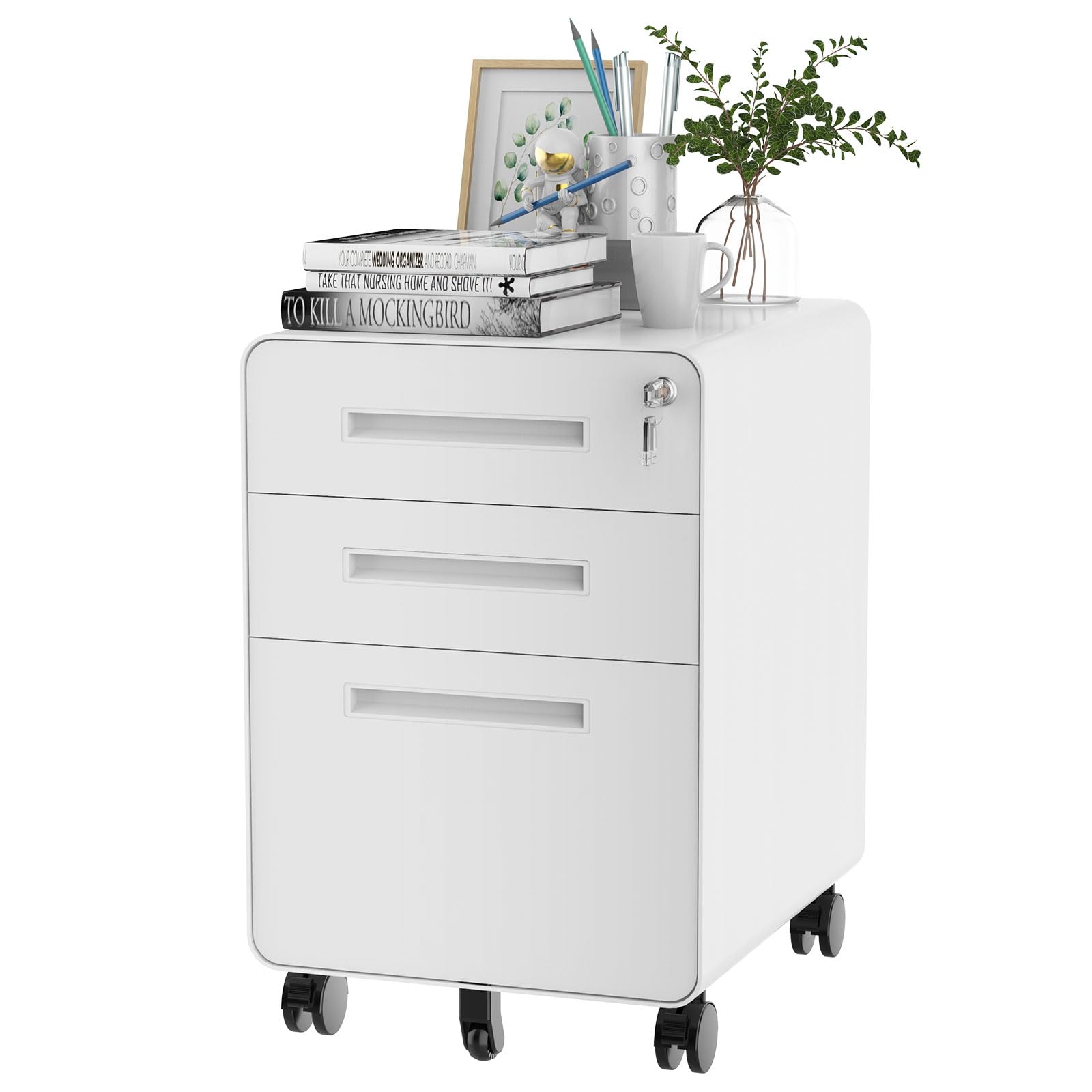 FLEXISPOT 3-Drawer Mobile File Cabinet for Home Office - Under Desk Storage Organizer for Legal/Letter/A4 Files, Round Corner Design, White - Perfect for Small Spaces & Office Organization