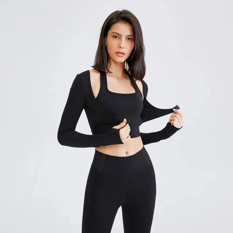 Sexy Long Sleeve Workout Top for Women - 2-in-1 Crop Yoga Shirt & Gym Jersey - Breathable Fitness Tee for Yoga, Running & Gym Training