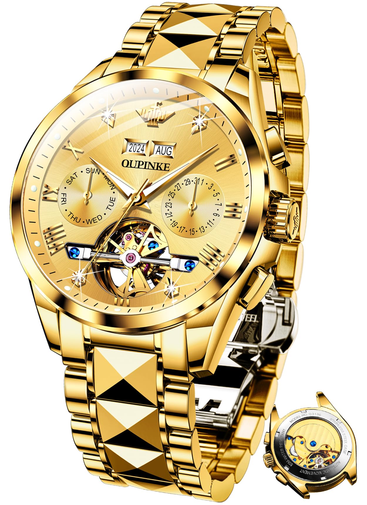 Luxury Men's Automatic Skeleton Watch with Diamond & Sapphire Crystal - Self Winding Mechanical Dress Watch - Tungsten Case - Perfect for Business, Formal Events & Gifts