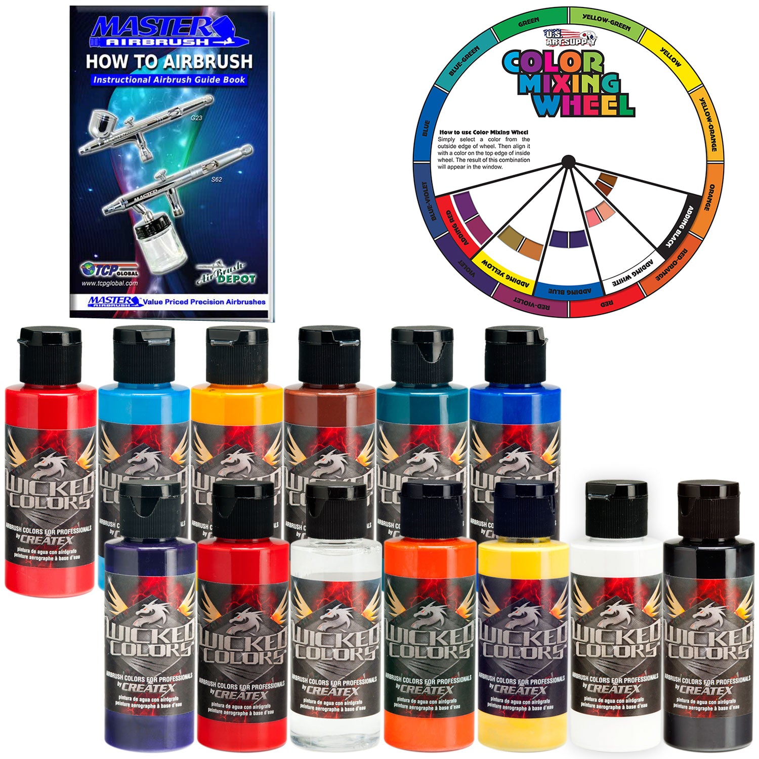 12-Color Wicked Airbrush Paint Set with Reducer - 2 oz. Bottles for Model Painting, Automotive Art & DIY Crafts