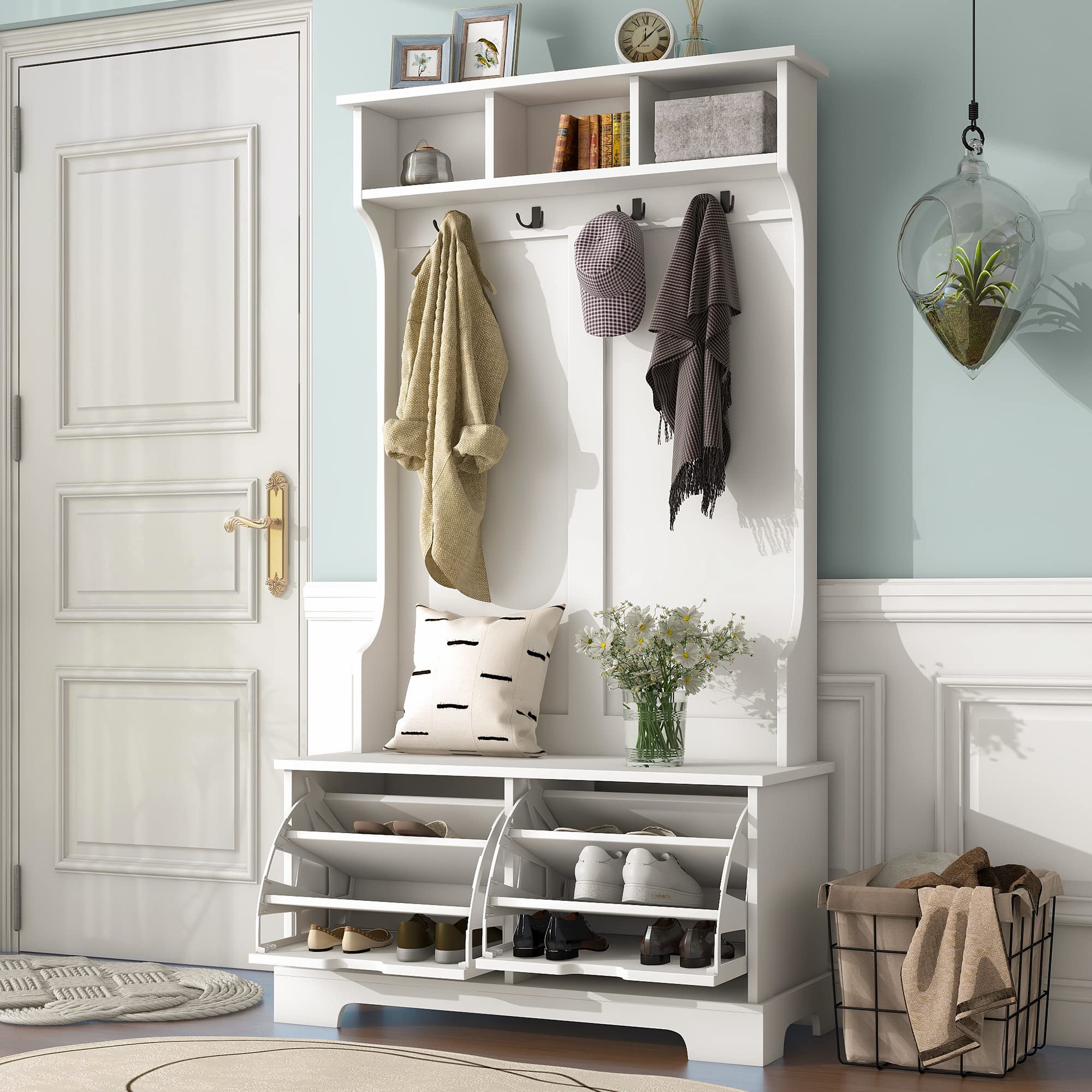 Polibi Hall Tree with 2 Flip Shoe Storage Drawers, 4 Metal Hooks, 3 Top Shelves & Entryway Bench - White Coat Rack for Living Room, Bedroom & Hallway Organization | Perfect for Small Spaces & Home Entry Storage