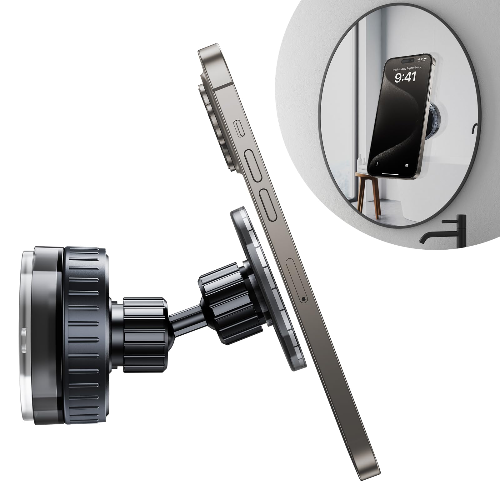 Magnetic Suction Cup Shower Phone Holder - Waterproof Bathroom Mirror Mount for iPhone 16/15/14/13/12 & MagSafe Phones | Wall Stick Phone Stand for Shower, Makeup Mirror & Bathroom Use