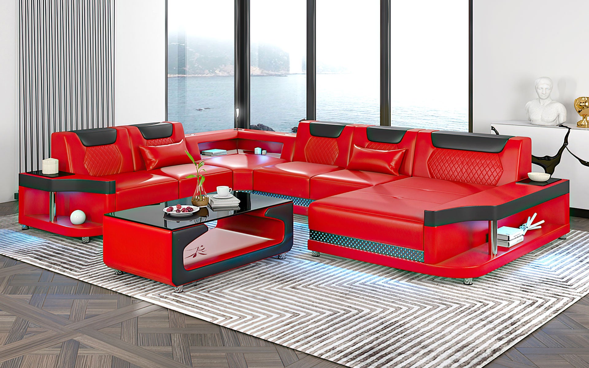 Modern Leather Sectional Sofa with LED Lights - Contemporary L-Shaped Couch for Living Room, Lounge & Home Theater - Comfortable & Stylish Furniture for Relaxing & Entertaining