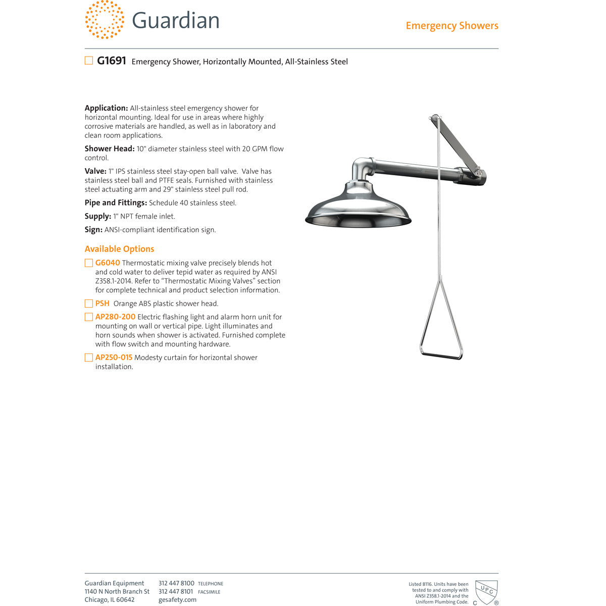 Guardian G1691 Emergency Drench Shower - Horizontal Mount Stainless Steel Safety Equipment for Laboratories & Industrial Workplaces