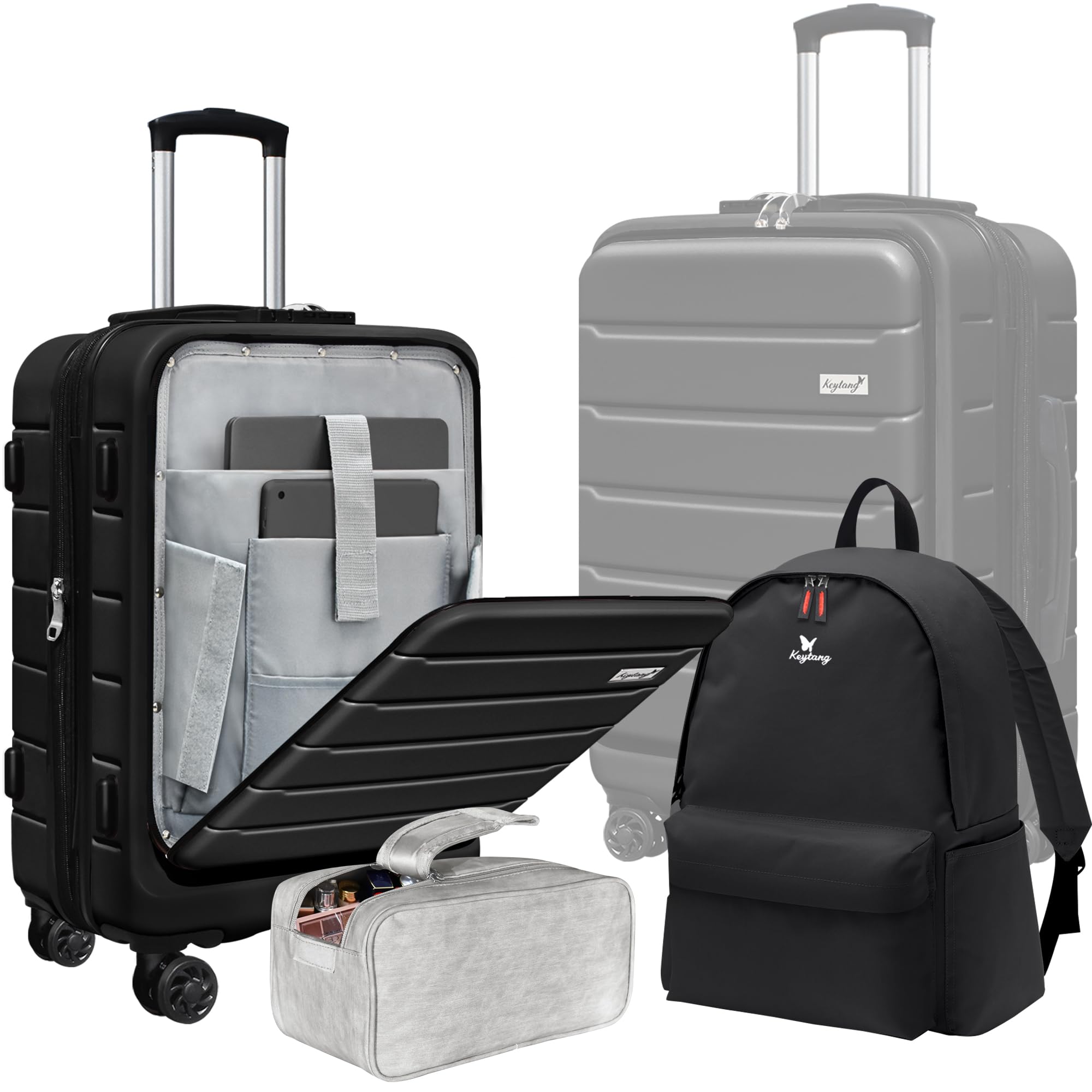SmileLine 20 Inch Lightweight Hardside Carry-On Luggage Set with TSA Lock, 360° Spinner Wheels & Expandable Design - Includes Travel Backpack & Makeup Bag (Black) - Perfect for Business Trips, Weekend Getaways & Air Travel
