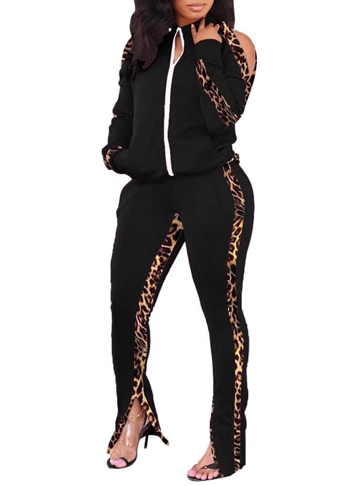 KOOBETON Women's 2-Piece Jogger Set - Leopard Print Color Block Cold Shoulder Lounge Outfit for Casual Wear, Yoga & Running