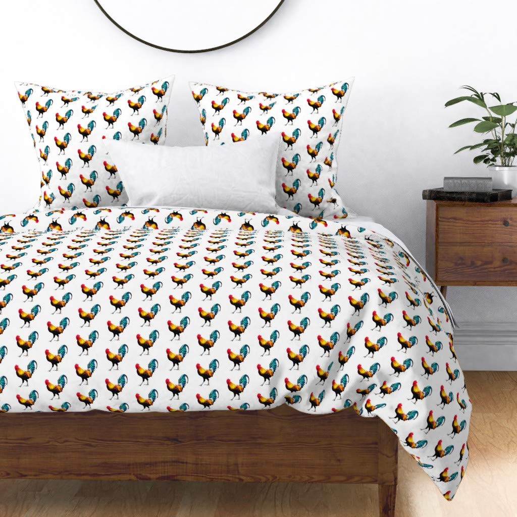 Premium Cotton Sateen Duvet Cover King/California King - Rooster White Farm Animal Print Modern Country Farmhouse Decor | Custom Chicken Design Bedding for Cozy Farmhouse & Rustic Kitchen Themed Bedrooms