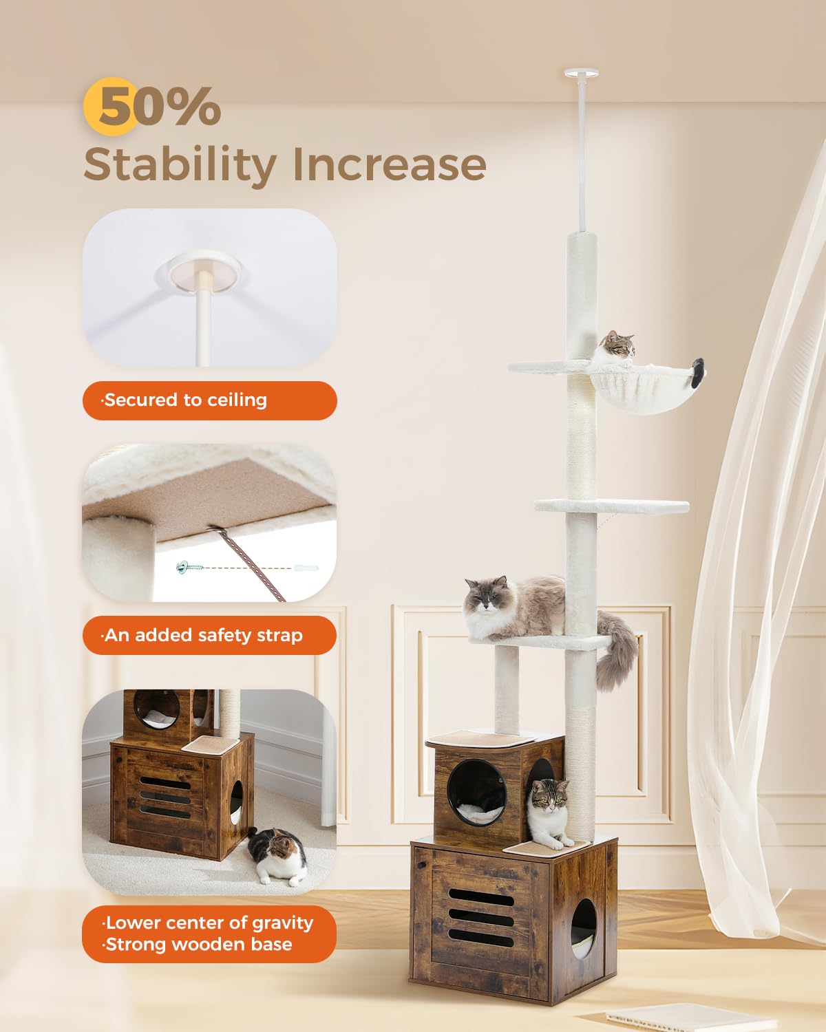 Premium MUTTORS Cat Tree Floor to Ceiling - Adjustable Height 90.6-110.2 Inch Cat Tower with 6 Tiers, Scratching Post & Litter Box Enclosure - Modern Rustic Brown Cat Condo for Indoor Cats - Perfect for Small Spaces & Multi-Cat Homes