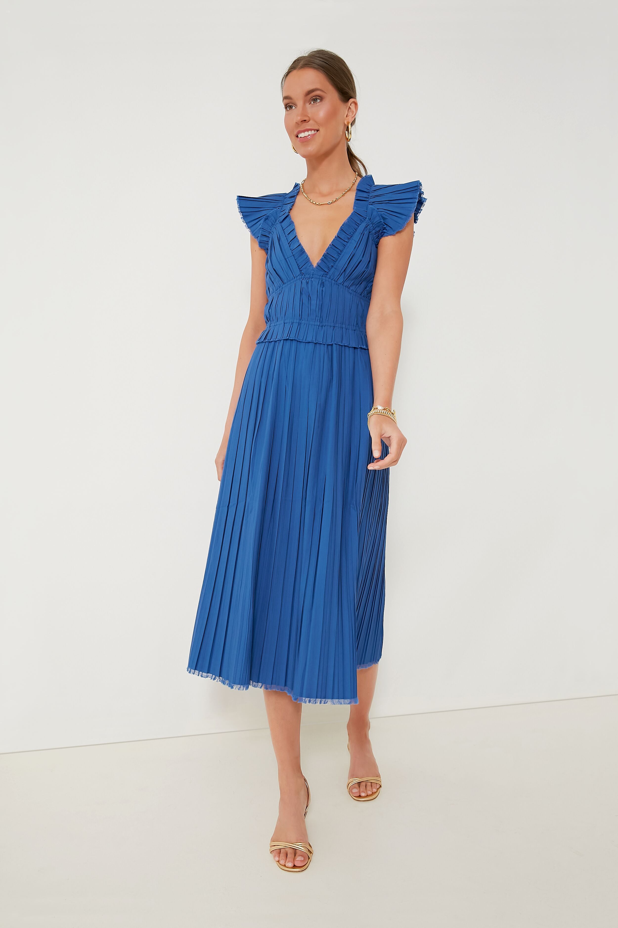 Blue Greir Pleating Flutter Sleeve V-Neck Dress - Elegant Summer Dress for Women, Perfect for Parties, Weddings & Date Nights