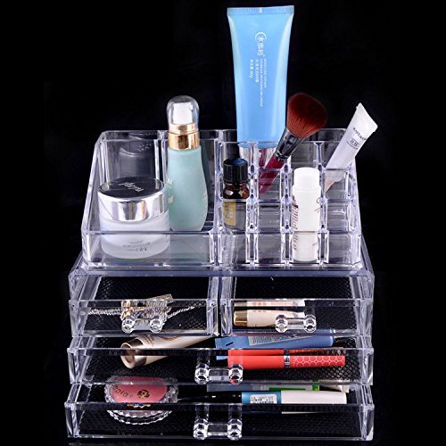 Felji Large Acrylic Jewelry & Makeup Organizer with 4 Drawers - 1155 Compartments for Earrings, Rings, Necklaces & Cosmetics - Perfect for Vanity, Dresser & Bathroom Storage