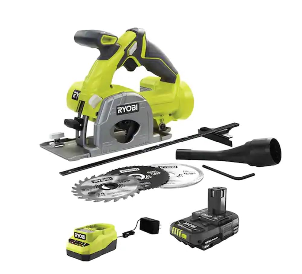 RYOBI ONE+ 18V Cordless 3-3/8 Inch Multi Material Plunge Saw Kit with 2.0Ah Battery & Charger - Perfect for Woodworking, DIY Projects, and Professional Construction Tasks