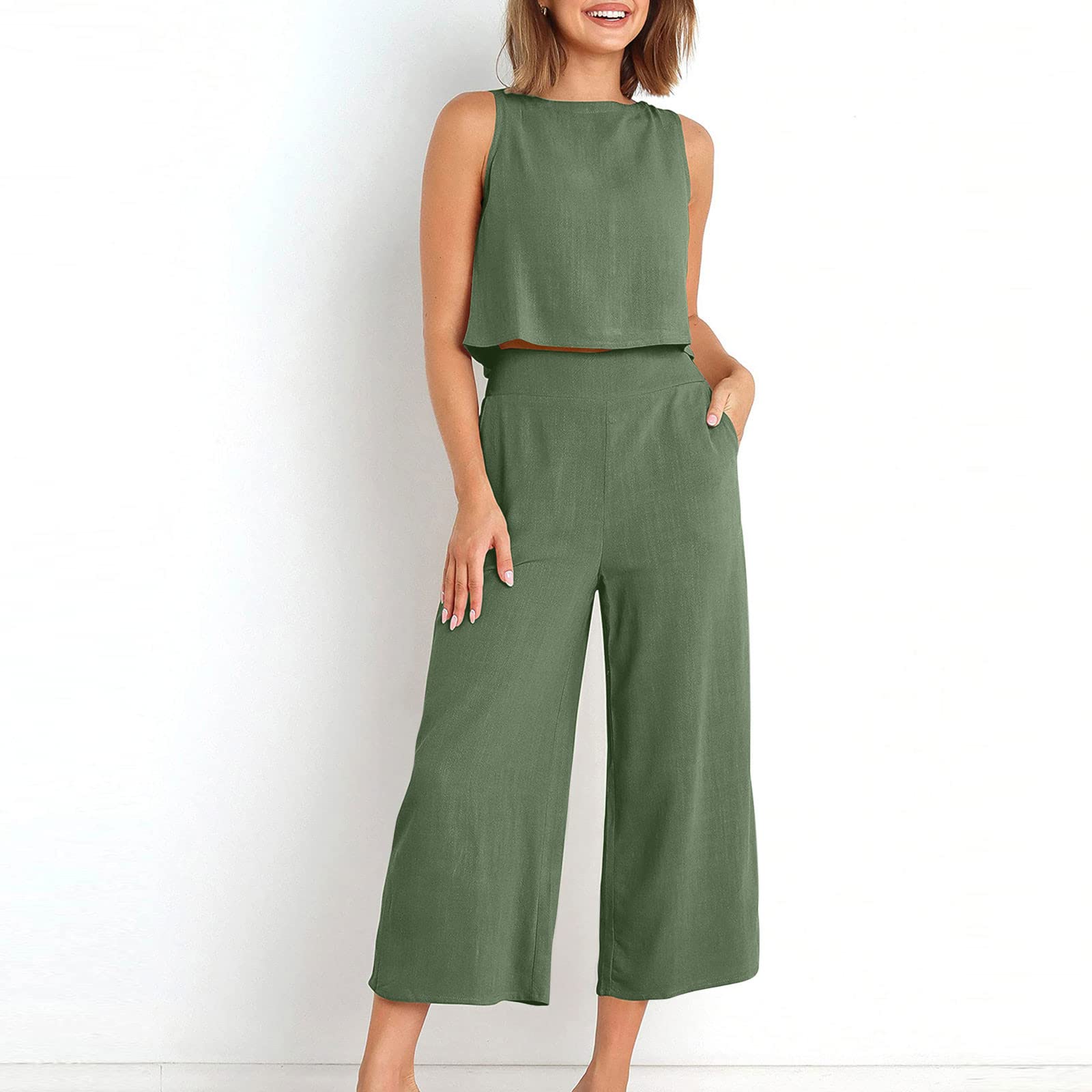 Women's 2-Piece Linen Outfit Set - Sleeveless Crop Top & Wide Leg Pants | Summer Matching Lounge Set | Perfect for Beach Vacations, Casual Outings & Boho Style