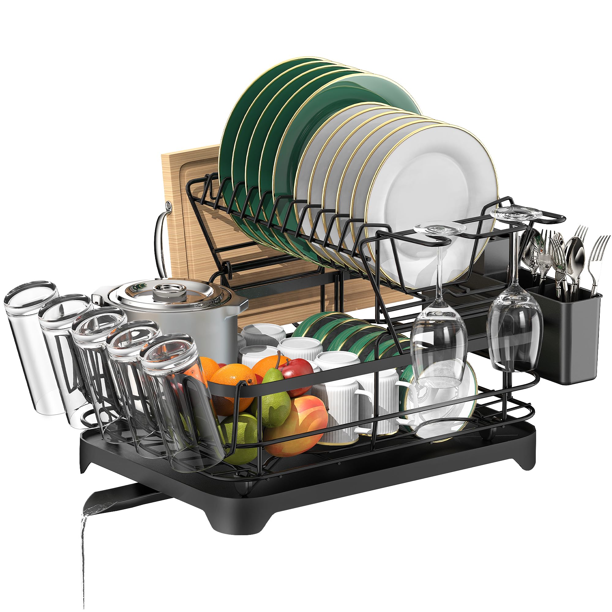 ROTTOGOON 2-Tier Stainless Steel Dish Rack - Kitchen Counter Organizer with Drainboard for Dishes & Utensils - Space Saving for Small Kitchens