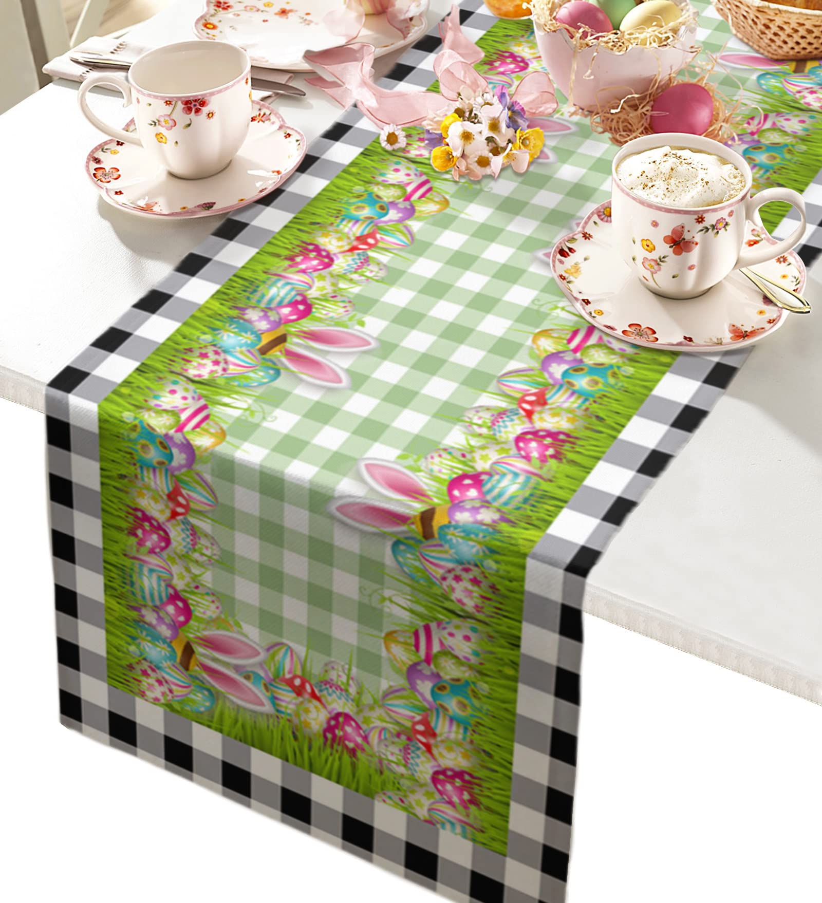 Easter Burlap Table Runner - 36 Inch Linen Kitchen Dining Table Decor with Green Checkered Easter Eggs Design, Spring Grass Plaid Scarf for Wedding Party Banquet Coffee Table Decorations | Perfect for Easter Celebrations, Spring Home Decor, and Farmhouse Style Dining Tables