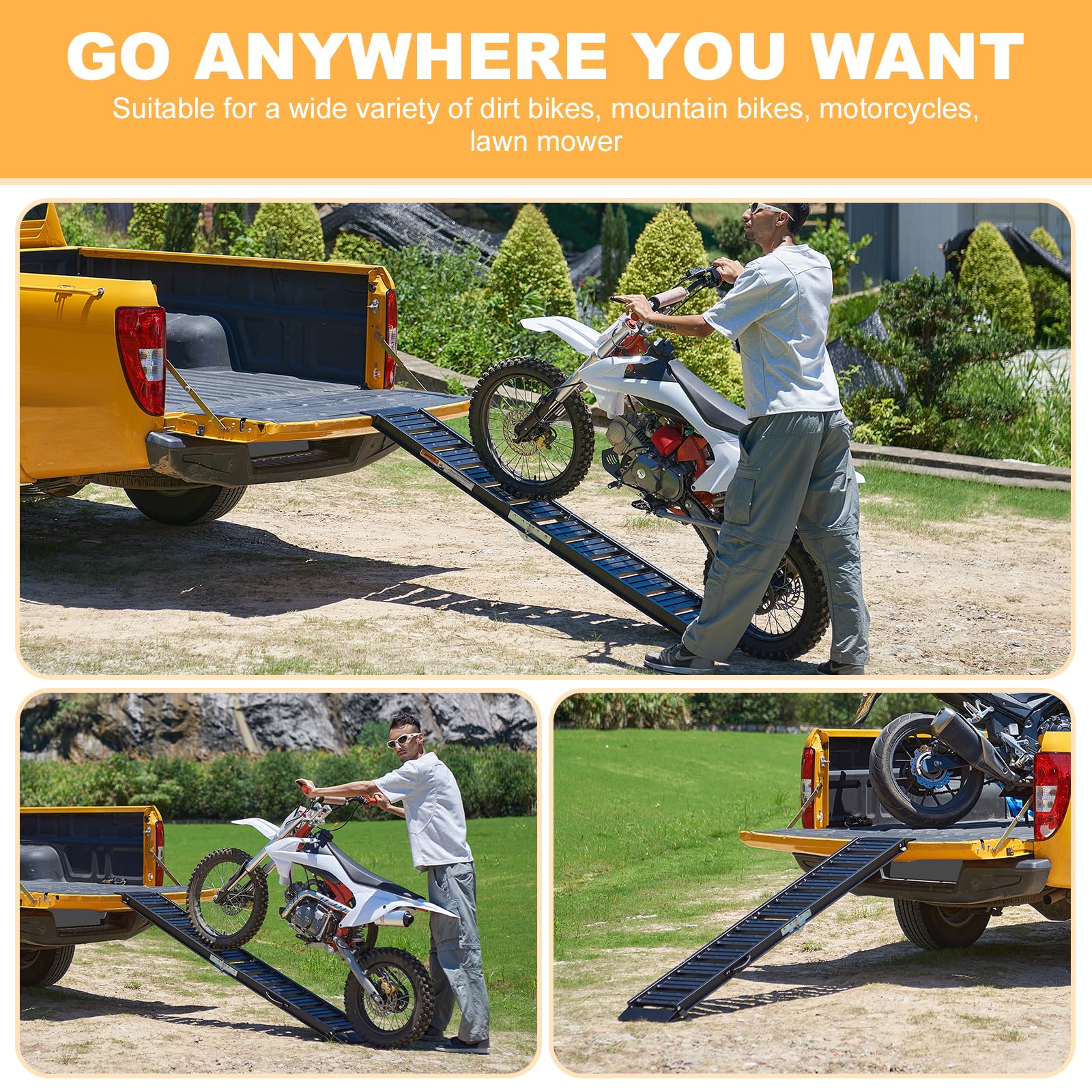 Gardhom Heavy Duty Aluminum Bike Ramp - 440 LBS Capacity Motorcycle Loading Ramp for Pickup Trucks, Dirt Bikes, Lawn Mowers & Snow Blowers - Universal Car Tailgate Accessory (Black, 1PC) - Perfect for Garage Storage, Off-Road Adventures & Equipment Transport